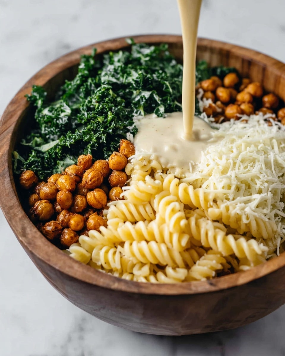 A wooden bowl contains four distinct layers: on the left is a pile of dark green, chopped leafy kale with a rough texture; to the right of the kale are small, round, golden-brown roasted chickpeas with a slightly crispy appearance; next to the chickpeas is a fluffy mound of white shredded cheese; and at the front and center is a bed of pale yellow spiral pasta with a smooth, glossy surface. A creamy beige sauce is being poured over the pasta in a thin steady stream. The bowl rests on a white marbled surface. Photo taken with an iphone --ar 4:5 --v 7