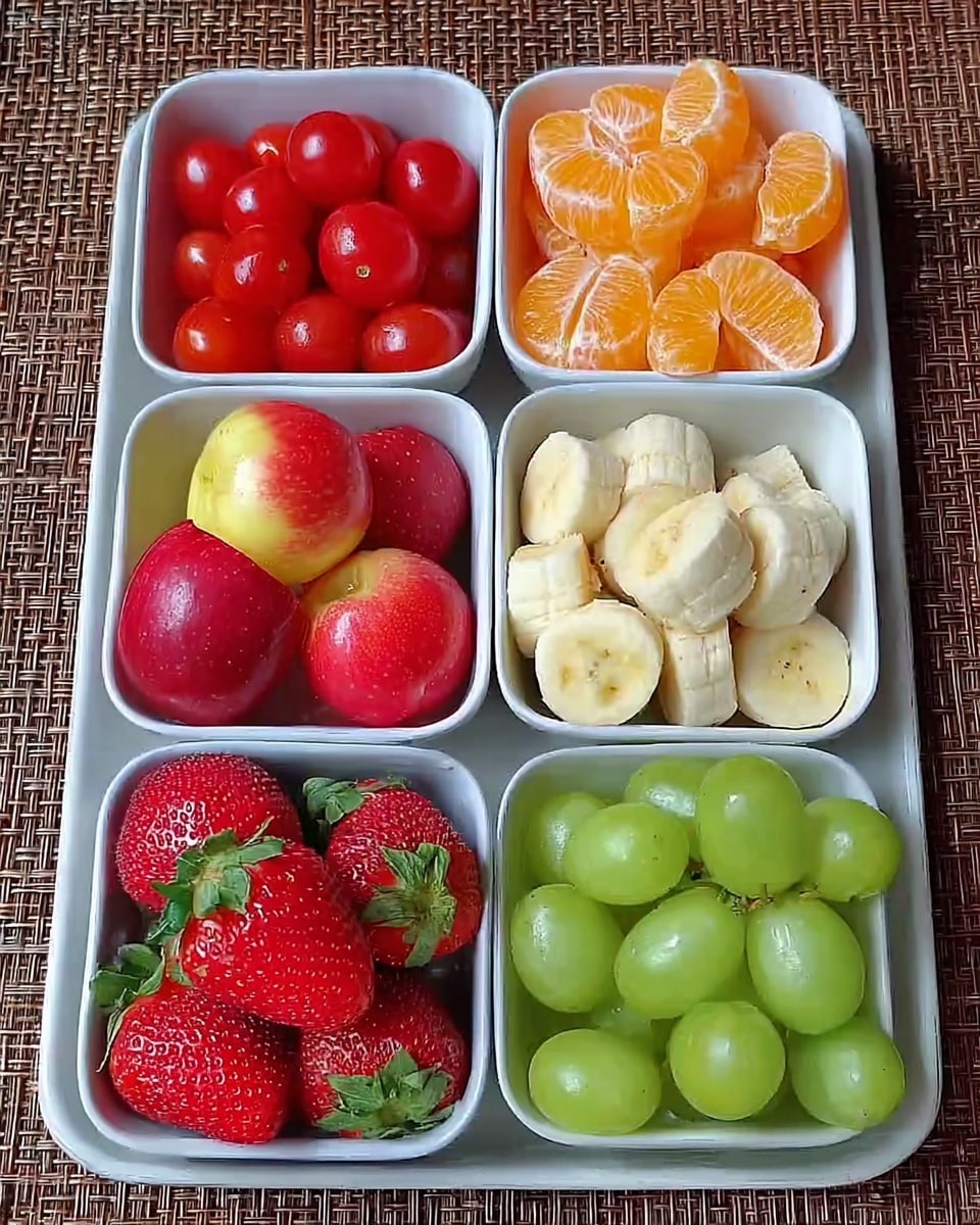 The image shows six small white square bowls, each holding different colorful fruit skewers placed on a woven mat, with a white marbled surface beneath. Each skewer has glossy, shiny layers of fresh fruit: bright red strawberries, green grapes, orange mandarin slices, and small red cherry tomatoes. The fruit pieces are arranged in pairs or trios on light wooden sticks. The bowls are neatly placed on a light wooden tray with white paper inside. In the background, a woman's hand is reaching out and there is a small potted succulent plant. Photo taken with an iphone --ar 4:5 --v 7