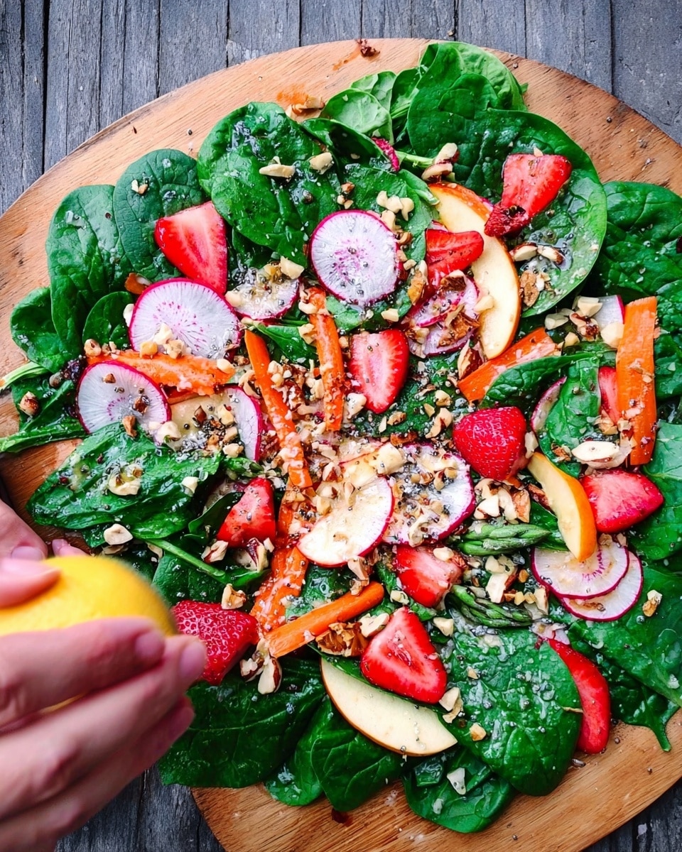 The image shows a fresh salad spread out on a wooden surface with a woman’s hand squeezing a lemon over it. The base layer is made of large, dark green spinach leaves. On top of these, there are thinly sliced round radish pieces in white with purple edges, bright orange carrot sticks, and red strawberry halves scattered evenly. There are also slices of light brown apples and small pieces of light green celery mixed in. The salad is sprinkled with chopped nuts in light tan and small seeds adding texture. The colors are all bright and fresh, making the salad look healthy and vibrant. Photo taken with an iphone --ar 4:5 --v 7