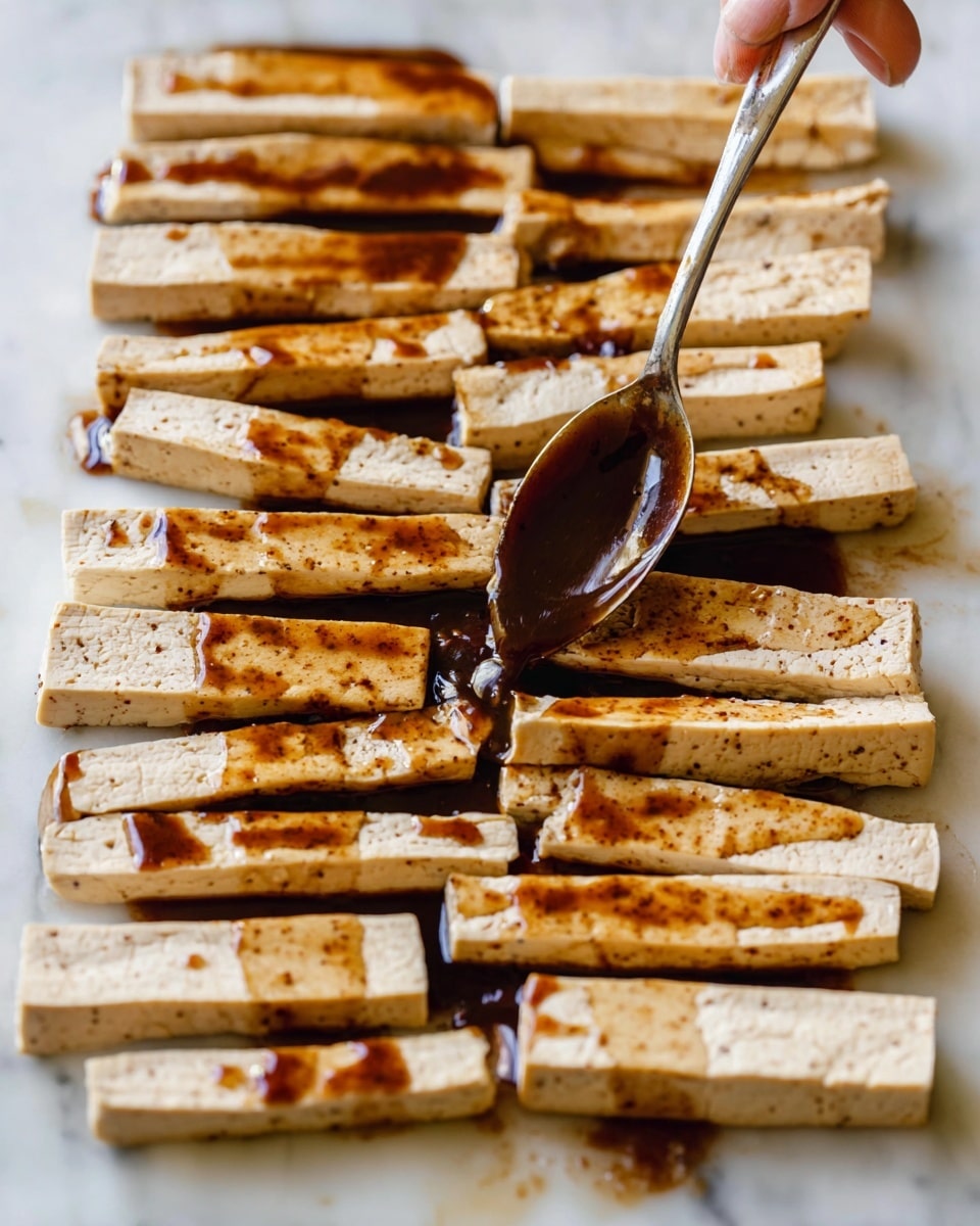 The image shows many long, thin strips of tofu laid out on a white marbled surface, side by side. The tofu strips are light beige with some small cracks and brown spots, and they are coated evenly with a shiny dark brown sauce that looks thick and sticky. A blurred metal spoon is held by a woman's hand above the tofu, spreading the sauce over the strips. The sauce pools slightly around the tofu, making the scene look glossy and rich. Photo taken with an iphone --ar 4:5 --v 7