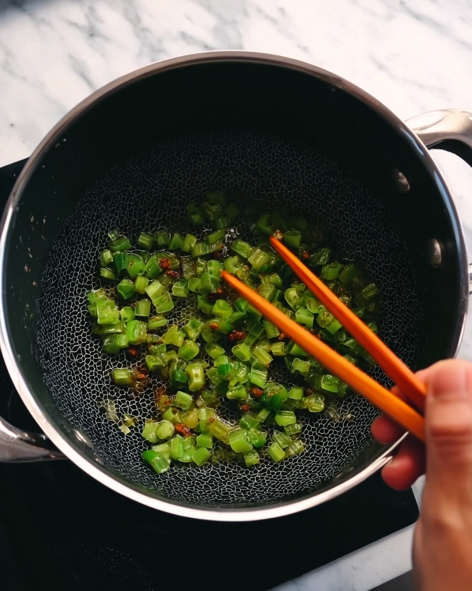 A close-up image shows a black textured cooking pot with small hexagon patterns inside, containing bright green chopped vegetables being stirred. A woman's hand is holding orange chopsticks, mixing the sautéed pieces. The cooking pot has a silver rim around the top, and the scene is set against a white marbled surface. photo taken with an iphone --ar 4:5 --v 7