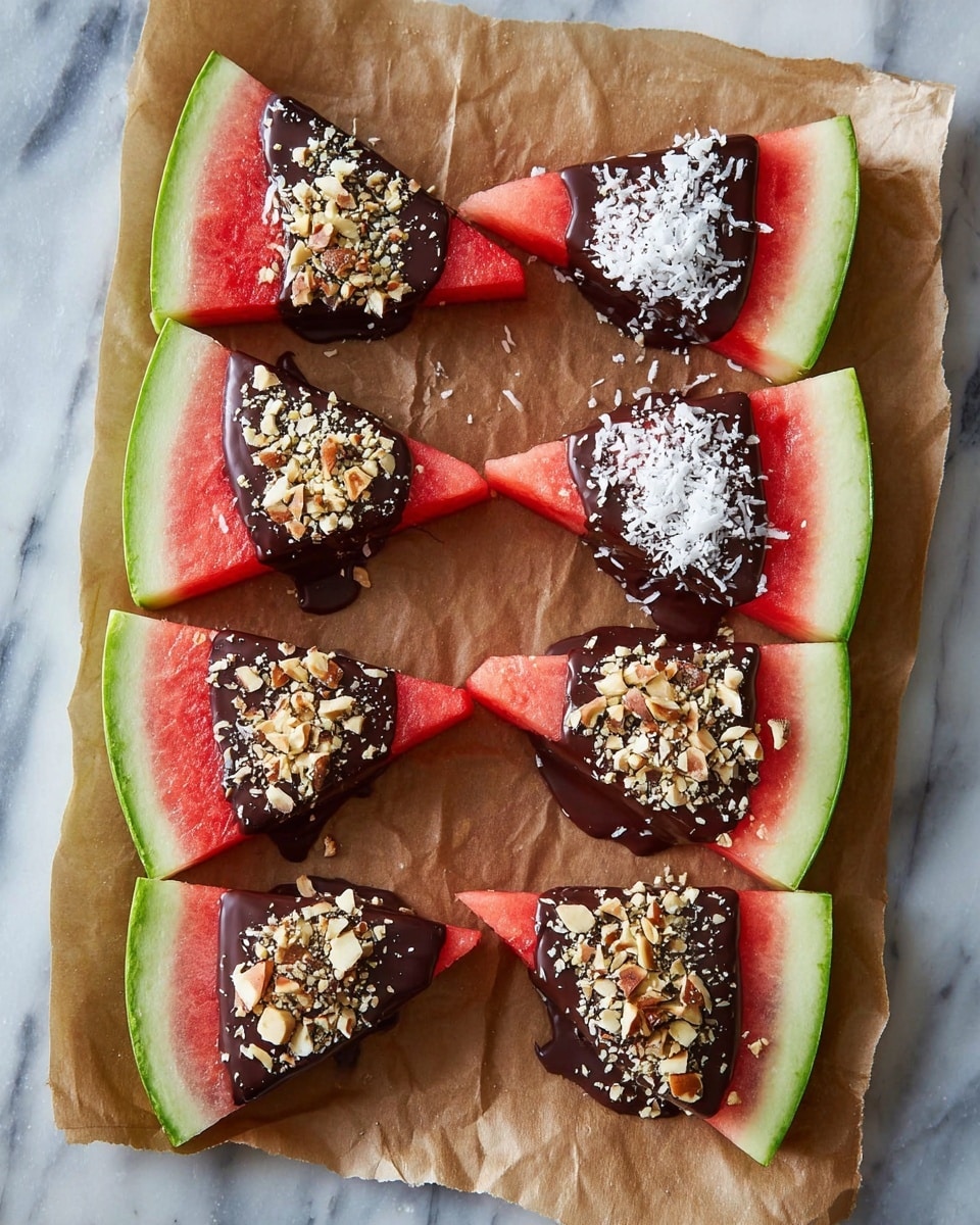 The image shows eight triangular watermelon slices arranged on brown parchment paper, placed on a white marbled surface. Each slice has a green rind on the outside, a thick bright pink flesh, and the tip dipped in smooth, shiny dark chocolate. On top of the chocolate layer, four slices are sprinkled with white shredded coconut, while the other four have light brown crushed nuts scattered. The slices are evenly spaced, forming two rows, with the colorful toppings contrasting against the green and pink of the watermelon. photo taken with an iphone --ar 4:5 --v 7