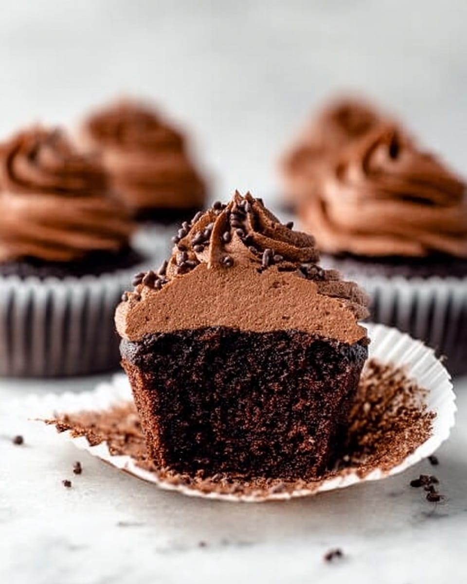 The image shows a close-up of a chocolate cupcake placed on a white marbled surface, with its white paper wrapper peeled down. The cupcake has two main layers: a dark, moist chocolate cake base at the bottom and a thick, fluffy swirl of darker chocolate frosting on top. The frosting is textured and creamy with small chocolate bits sprinkled on top and around the cupcake on the surface. In the background, there are three more chocolate cupcakes, each topped with a generous swirl of the same dark chocolate frosting, slightly blurred to keep the focus on the front cupcake. photo taken with an iphone --ar 4:5 --v 7