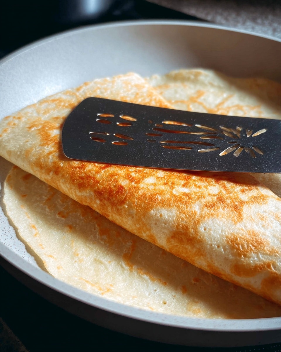 A close-up of a folded wrap with a golden brown top layer showing a slightly crispy texture, resting in a white pan with a smooth inside surface. A black spatula with decorative cutouts lies flat on top of the wrap, near its center. The background is not visible, focusing attention on the wrap and spatula. The colors are warm with the contrast between the golden wrap and dark spatula. Photo taken with an iphone --ar 4:5 --v 7