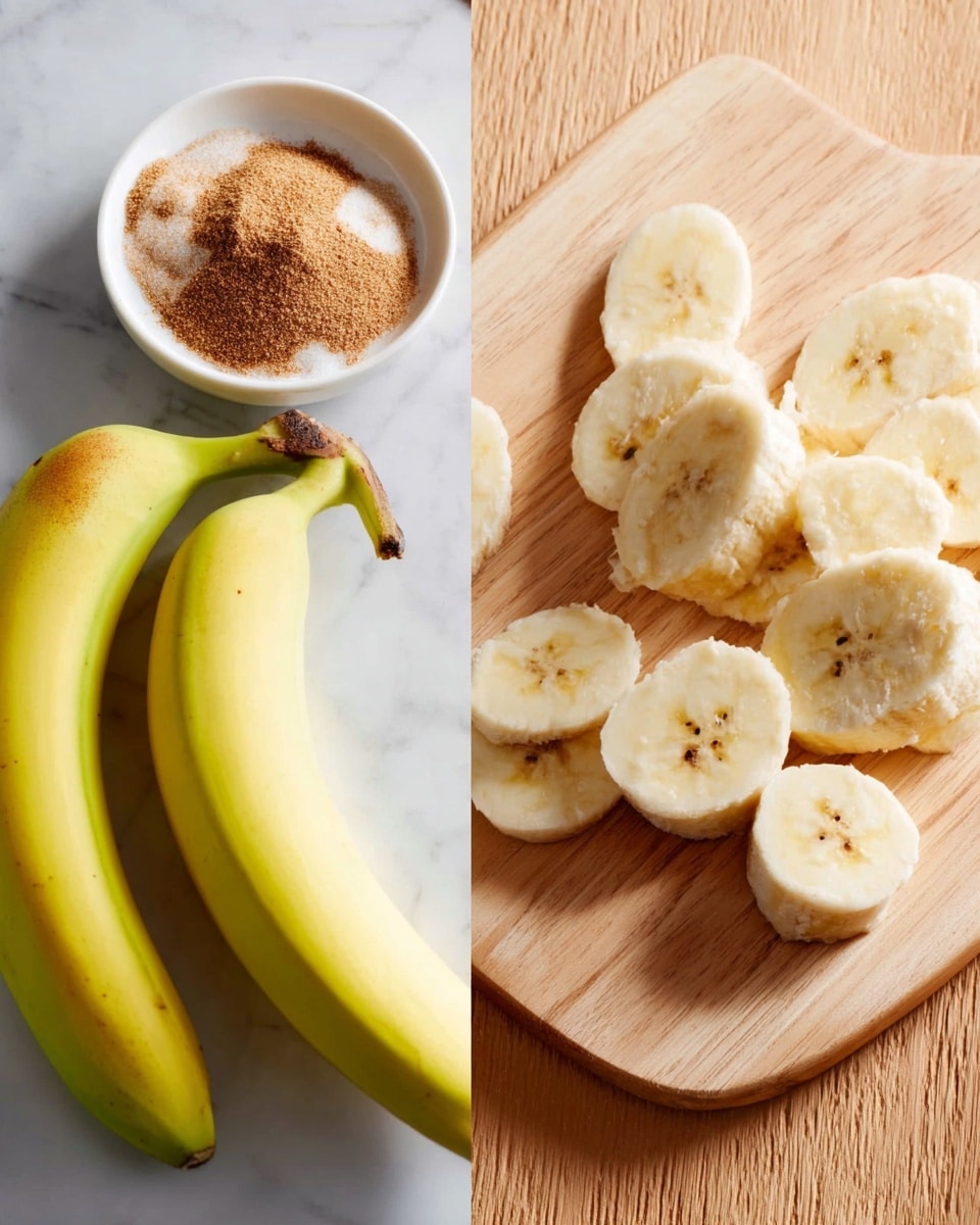 The image shows two parts: on the left, there are two long yellow bananas with green tips lying on a white marbled surface, next to a small white bowl filled with light brown sugar and sprinkled with darker brown cinnamon powder; on the right side, several slices of pale yellow banana are spread unevenly on a light wooden cutting board. The photo taken with an iphone --ar 4:5 --v 7