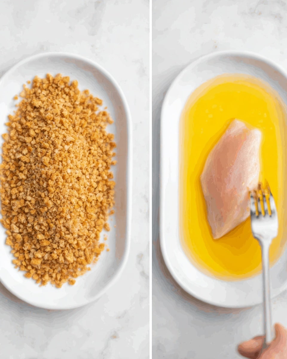 The image shows two white plates on a white marble surface. The plate on the left is filled with a large oval pile of small golden-brown crumb-like pieces that look dry and crispy. The plate on the right has bright yellow liquid covering the whole surface, with one raw pale pink chicken piece placed diagonally in the middle. A woman's hand is holding a silver fork above the crumb pile on the left plate. photo taken with an iphone --ar 4:5 --v 7