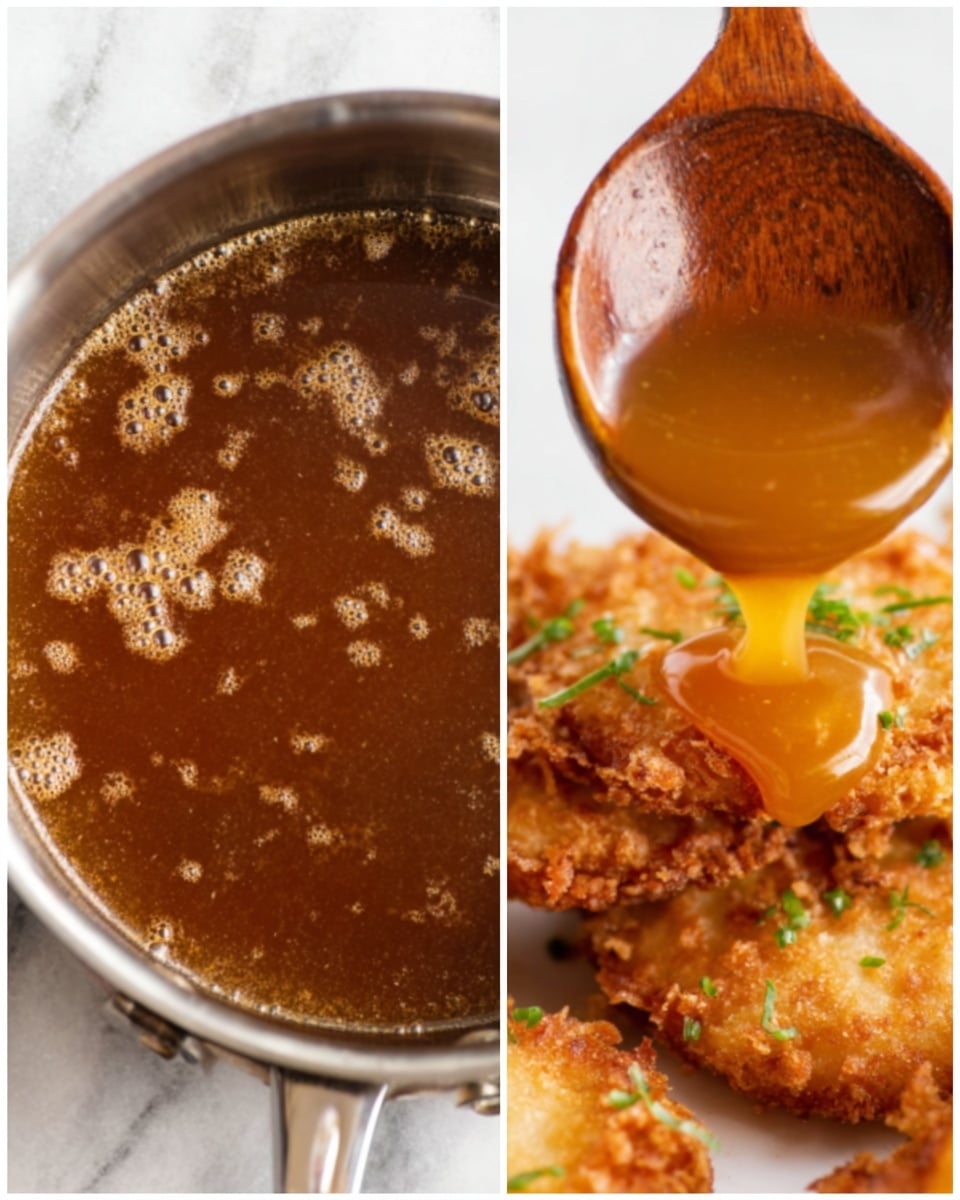 The left image shows a silver pot filled with a clear brown broth with tiny bubbles on the surface. The surface underneath is a white marbled texture. The right image presents a close-up of crispy golden brown fried pieces stacked with a thick golden sauce being poured over them using a wooden spoon. Small green herb pieces lightly sprinkle the top of the stack. Photo taken with an iphone --ar 4:5 --v 7