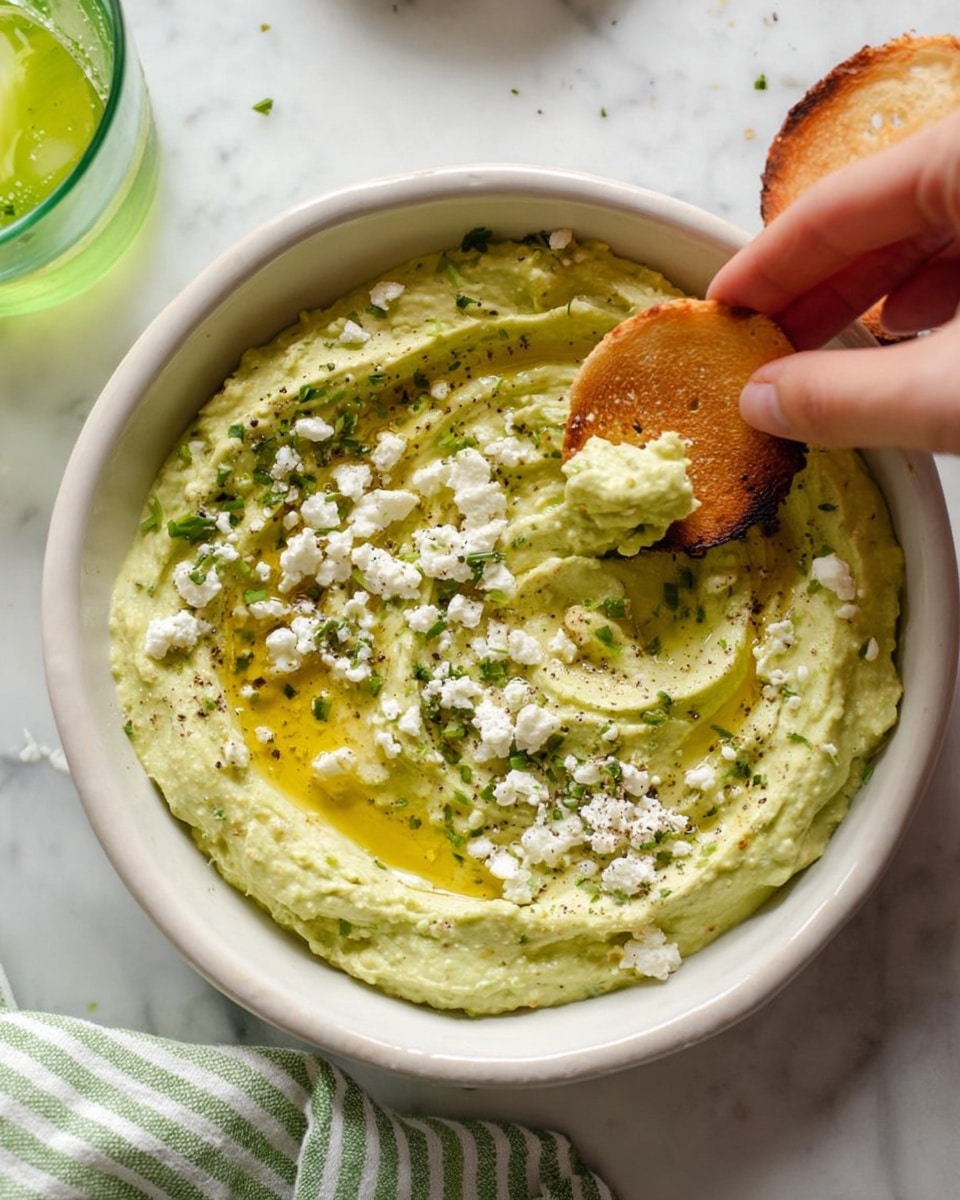 A white bowl filled with creamy pale green dip topped with small white cheese crumbs, chopped green herbs, black pepper, and drizzles of golden olive oil. The dip has a textured, swirled surface. A woman's hand holds a toasted round bread piece, dipping it into the creamy mixture, creating a small indentation. The scene is set on a white marbled surface with part of a green drink and a green-striped cloth visible nearby photo taken with an iphone --ar 4:5 --v 7