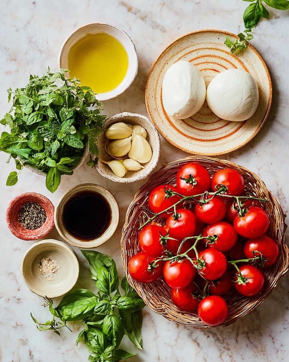 A flat image shows a white marbled surface with various ingredients arranged neatly. At the bottom right, a woven basket holds many bright red cherry tomatoes with green stems. To the left of the basket, a small white bowl contains fresh green basil leaves. Above the basil, two smooth, white mozzarella balls rest side by side on a round tan plate with faint stripes. Near the top center, another small bowl with a scalloped edge holds several peeled garlic cloves and a small bunch of green herbs. To the right, a white bowl holds a yellowish olive oil, and above that is a smaller white bowl with dark balsamic vinegar. Near the top left, a rustic small bowl contains ground black pepper. A few scattered basil leaves and herbs are placed around the bowls and plates. photo taken with an iphone --ar 4:5 --v 7