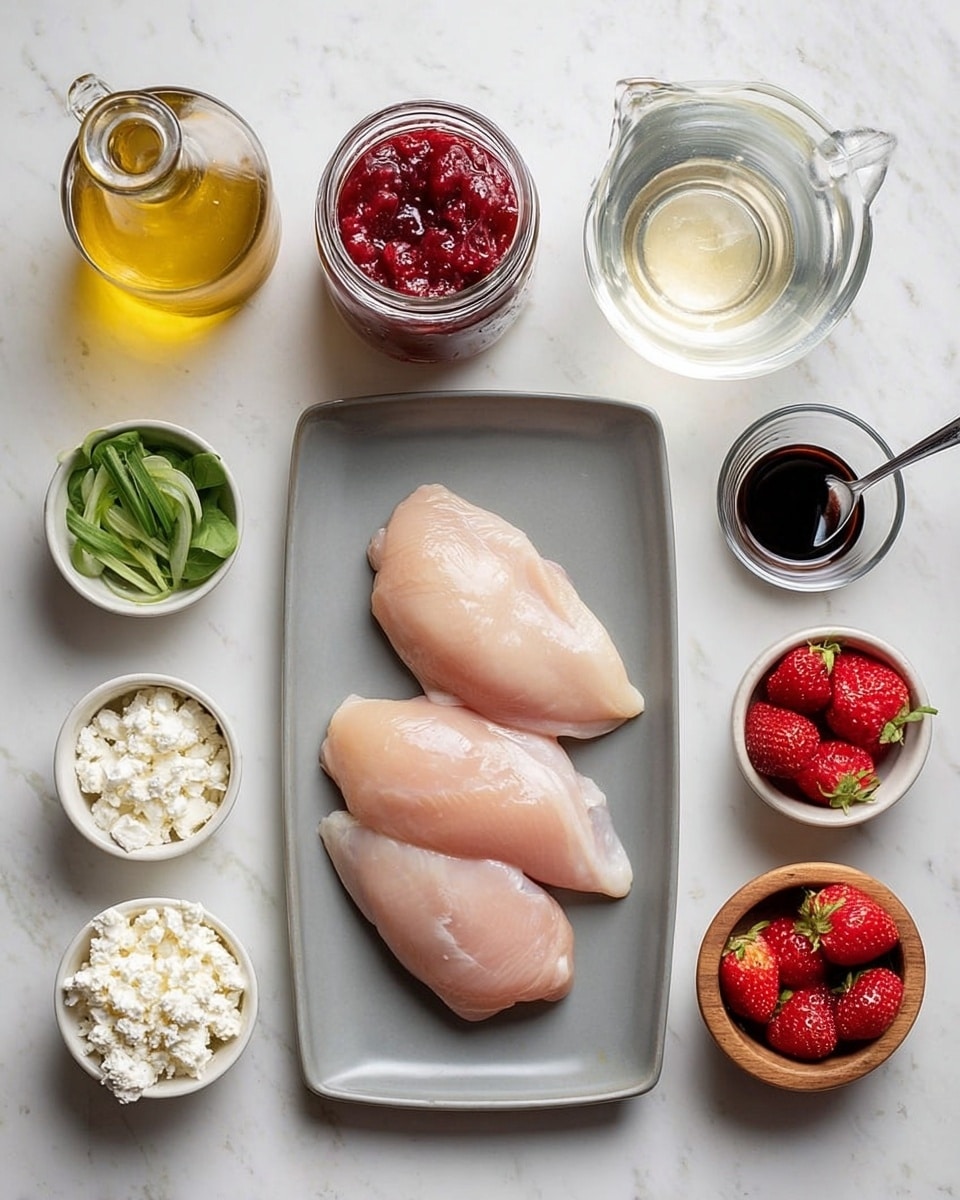 The image shows two pieces of raw chicken placed on a gray rectangular plate in the center. Around the plate, there are small white bowls with different ingredients: one bowl with sliced green leafy strips on the left, another with white cottage cheese below, and a third with halved red strawberries on the right. Above the plate, there is a small wooden bowl with coarse salt, a glass jar filled with bright red jam and a silver spoon inside, a clear glass bottle with dark balsamic vinegar, and a small glass pitcher with clear liquid. To the top left, there is a glass bottle filled with golden olive oil. All items are on a white marbled surface. photo taken with an iphone --ar 4:5 --v 7