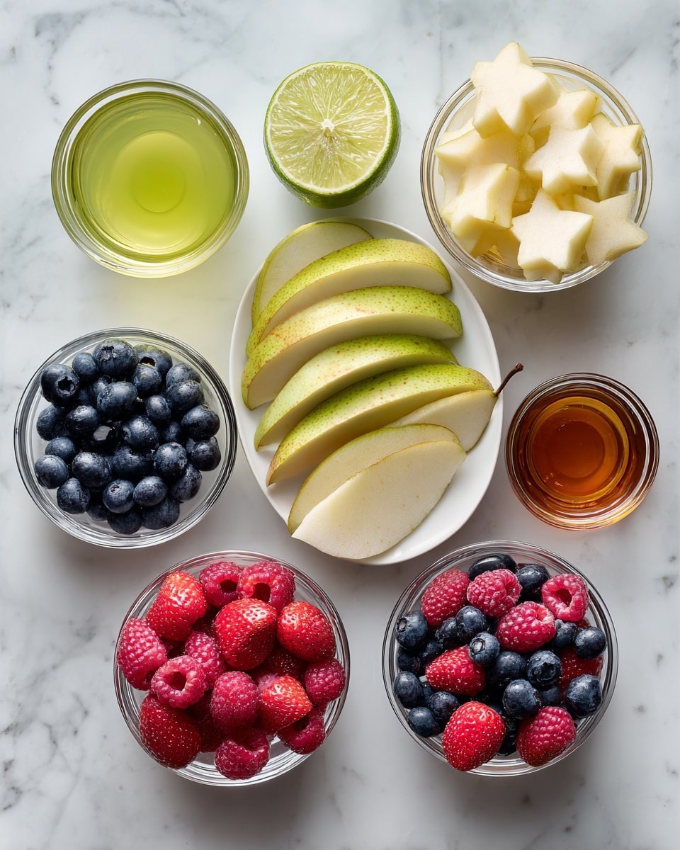 Top-down professional food photography, flat lay style, bright white marble countertop, neatly arranged, evenly spaced, tidy, clean organized layout, include: small glass cup of lime juice, small glass cup of raw honey, bowl of sliced pears, bowl of star-shaped pear slices soaked in lemon juice, bowl of blueberries, bowl of raspberries, bowl of quartered strawberries, bright soft natural lighting, sharp focus, high detail textures, realistic reflections, professional DSLR look, 4K, no finished dish, no cooked food, no hands, no text, no watermark, no brand logos --ar 4:5 --v 7