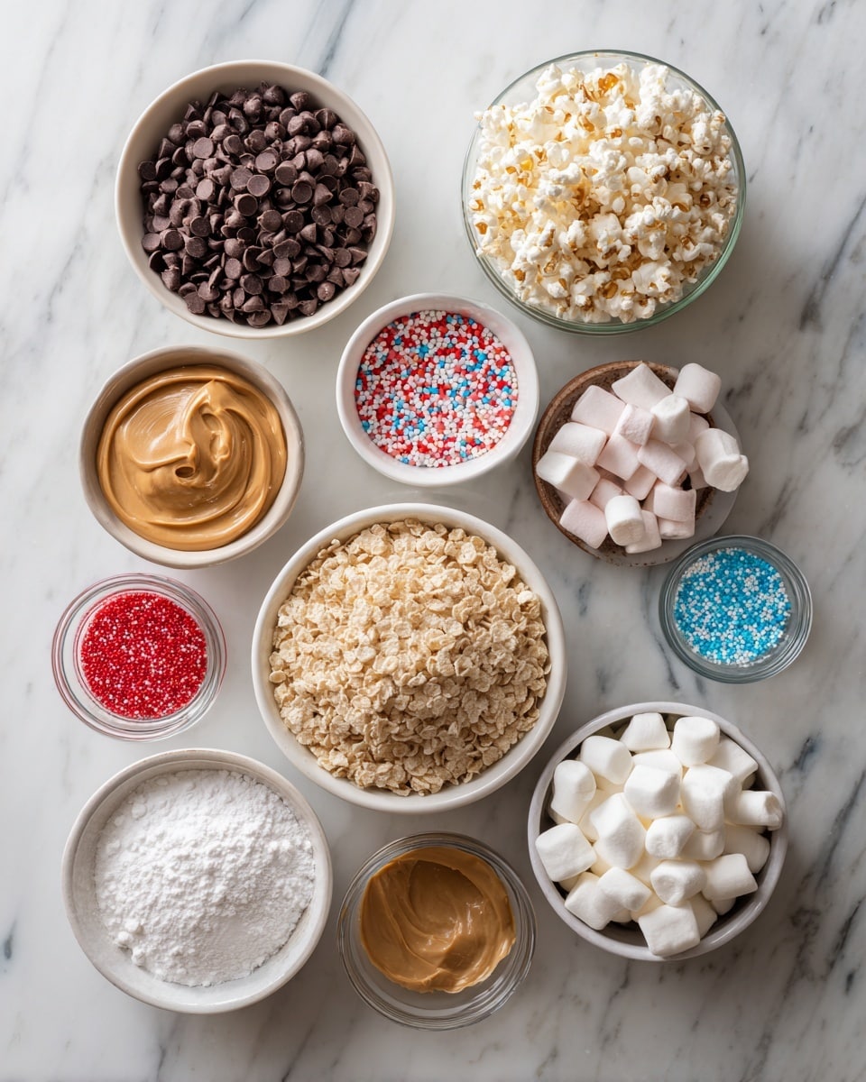 Top-down professional food photography, flat lay style, bright white marble countertop, neatly arranged, evenly spaced, tidy, clean organized layout, include: bowl of semisweet chocolate chips, small bowl of creamy peanut butter, large bowl of rice cereal, small bowl of powdered sugar, small bowl of red white and blue candy-coated chocolate pieces, small bowl of mini marshmallows, bright soft natural lighting, sharp focus, high detail textures, realistic reflections, professional DSLR look, 4K, no finished dish, no cooked food, no hands, no text, no watermark, no brand logos --ar 4:5 --v 7