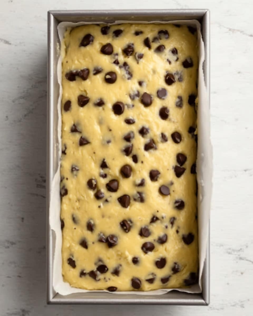 The image shows a rectangular metal baking pan lined with white parchment paper, filled with a smooth, light yellow dough mixed evenly with dark brown chocolate chips spread on the surface. The pan sits on a white marbled surface, and the dough appears thick and slightly shiny, with the chocolate chips partly sunk in but still visible on top. The pan is filled almost to the top edge with this mixture. Photo taken with an iphone --ar 4:5 --v 7