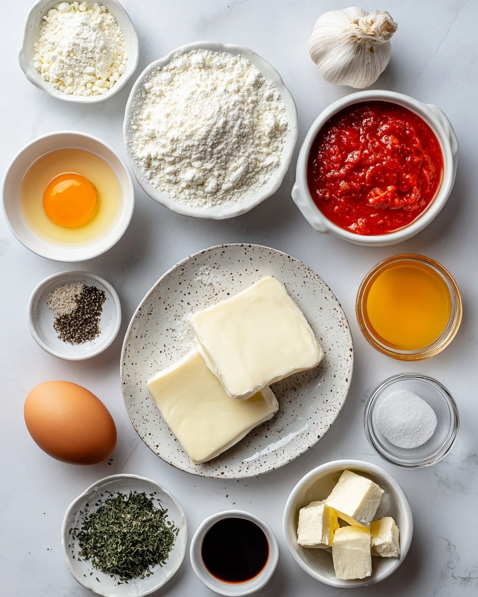 The image shows various cooking ingredients arranged neatly on a white marbled surface. At the center, there are two large slices of pale white cheese on a speckled plate. Surrounding this plate are eleven small white bowls and dishes holding different ingredients: flour in a bowl, cracked egg with bright yellow yolk in a small bowl, red tomato sauce, orange oil in a clear bowl, small white curds of cheese, dark green fresh herbs, a small mound of salt, black and white pepper mix in a clear bowl, pieces of creamy white solid fat, a bulb of garlic, and a brownish-red spicy sauce. A whole brown egg is placed on the surface without any bowl. All items are separated clearly with no overlapping, and the photo is taken with an iphone --ar 4:5 --v 7