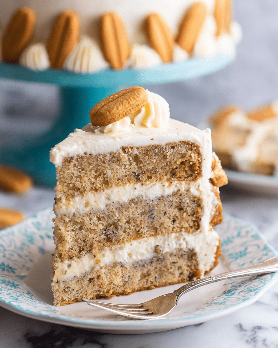A tall slice of three-layer cake sits on a white plate with a subtle blue pattern. Each cake layer is light brown with small dark specks, showing a moist texture. Between the cake layers and on top, there is a thick creamy white frosting that looks soft and smooth. Two small round golden-brown cookies are placed on top of the cake slice as decoration. A fork rests on the plate beside the slice. The background features a white marbled surface, with part of the larger unfrosted cake visible behind the slice, decorated with more small round cookies around its side. Photo taken with an iphone --ar 4:5 --v 7