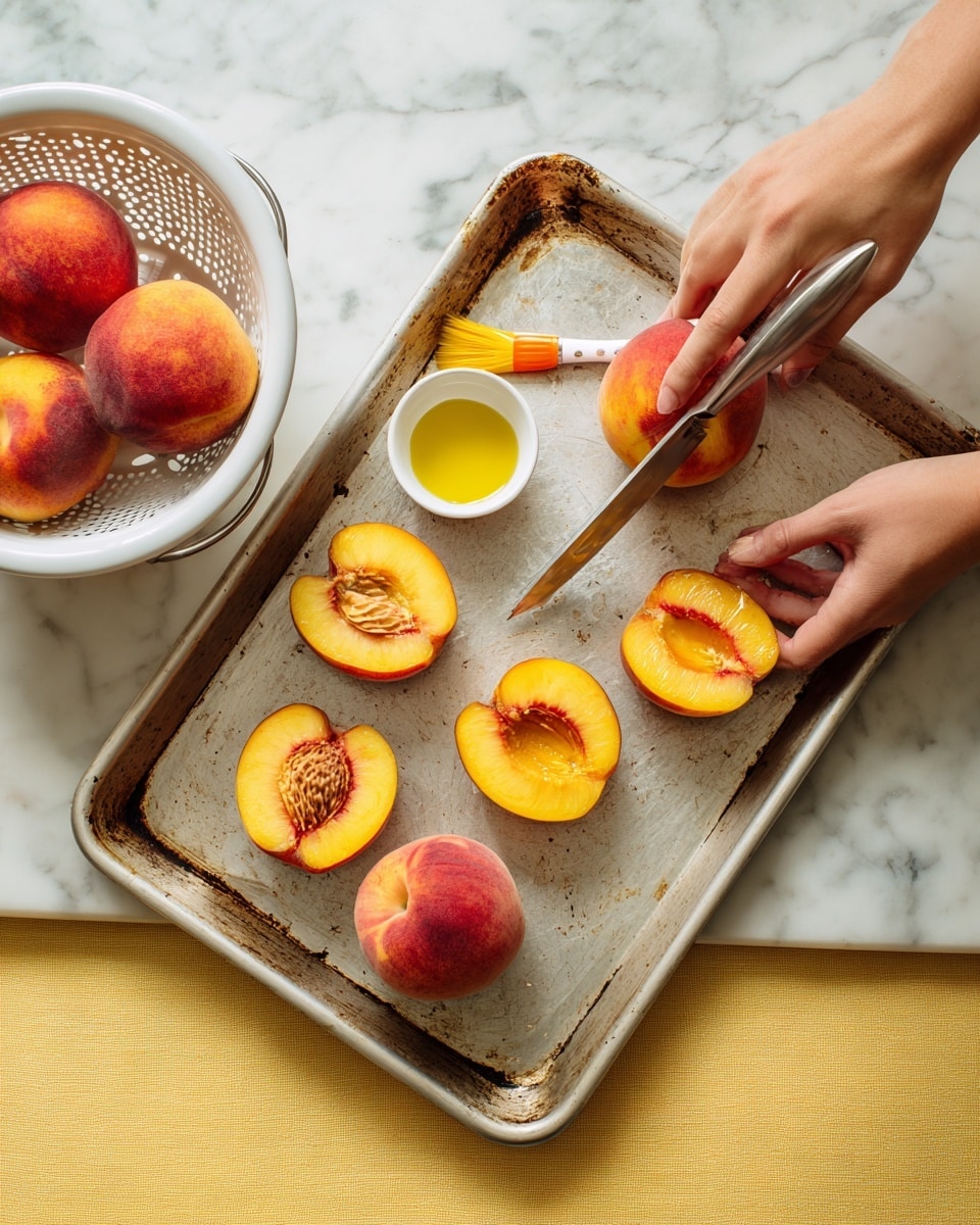 A pair of woman's hands is slicing a whole reddish-orange peach with a knife over a used silver baking tray. On the tray, there are five peach halves showing their yellow-orange flesh and seeds. A small white bowl with yellow oil is placed near the top center of the tray next to a long silver pastry brush with an orange silicon head. To the left on a white marbled surface is a white colander holding more whole peaches. The background is a white marbled texture, and the person wearing a yellow piece of clothing is partially visible at the bottom of the image. Photo taken with an iphone --ar 4:5 --v 7