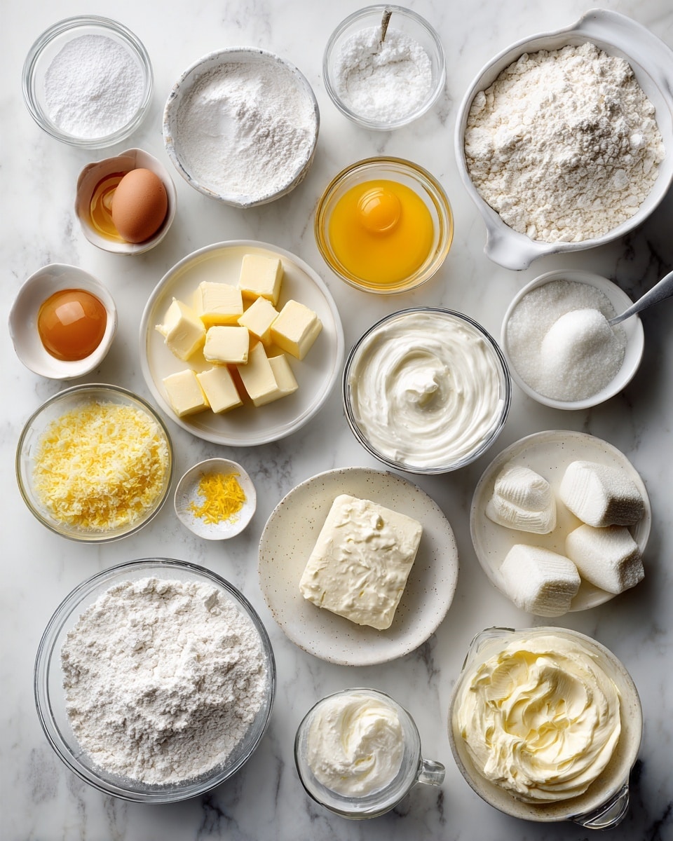 Top-down professional food photography, flat lay style, bright white marble countertop, neatly arranged, evenly spaced, tidy, clean organized layout, include: bowl of pastry flour, small bowl of powdered sugar, small bowl of baking powder, small plate of cold unsalted butter cubes, small plate with whole egg, bowl of creamy ricotta cheese, small bowl of granulated sugar, small bowl of egg yolks, glass measuring cup of room temperature heavy cream, small bowl of corn starch, small bowl of lemon zest, small plate of cold mascarpone, glass measuring cup of cold heavy cream, small bowl of sifted powdered sugar, small bowl of additional lemon zest, bright soft natural lighting, sharp focus, high detail textures, realistic reflections, professional DSLR look, 4K, no finished dish, no cooked food, no hands, no text, no watermark, no brand logos --ar 4:5 --v 7