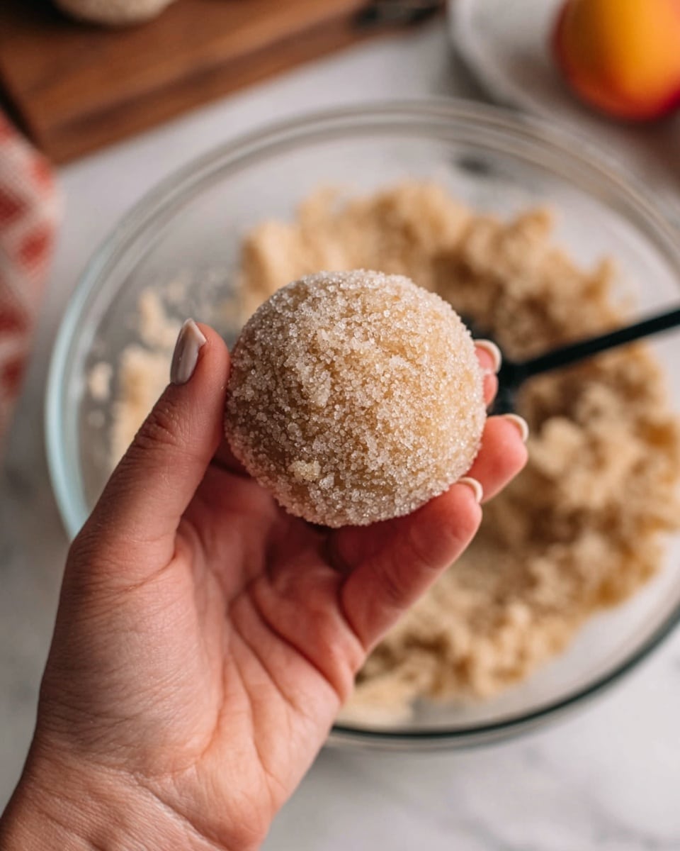 A woman's hand is holding a round, sugar-coated dough ball with a grainy texture. In the background, there is a clear glass bowl filled with more rough-textured dough, and a black utensil resting inside it. The setting includes a white marbled surface underneath, and a blurred peach is visible in the top right corner. photo taken with an iphone --ar 4:5 --v 7