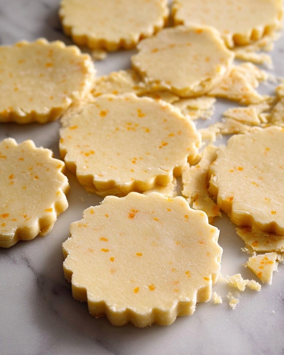 The image shows a close-up of rolled out dough on a white marbled surface with multiple round scalloped-edge pieces cut out but still lying flat on the dough. The dough is pale yellow with visible small specks of orange zest or similar ingredients, giving it a slightly textured look. Some dough scraps surround the cut-out shapes, and the dough's edges are rough and uneven from the trimming. The focus is on the neat shapes and the texture of the dough with soft lighting. photo taken with an iphone --ar 4:5 --v 7