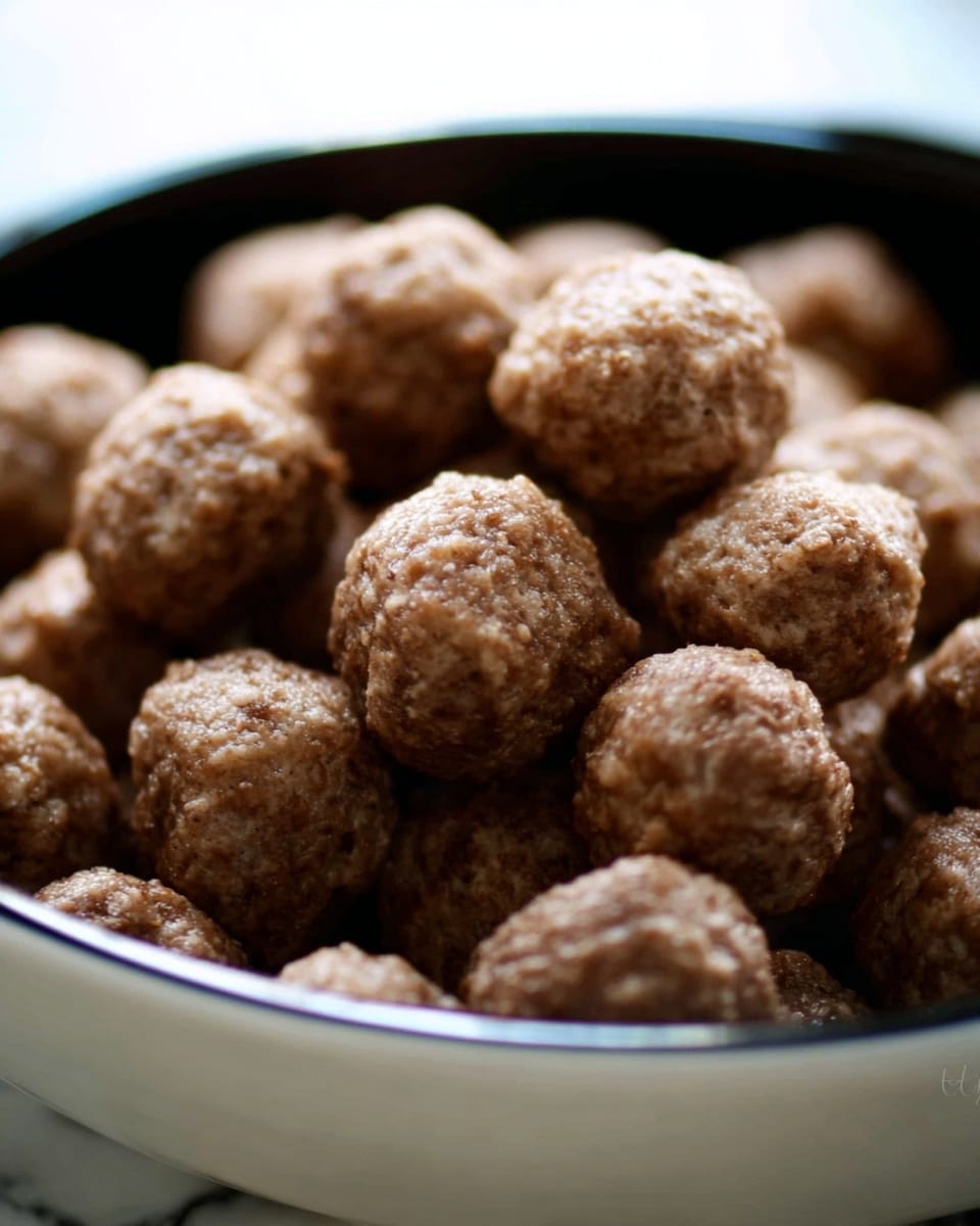 A close-up view of many small round meatballs piled inside a white bowl with a dark rim, showing a slightly rough texture and a brown color, with some meatballs in the front in clear focus and the others blurred into the background, all placed on a white marbled surface, photo taken with an iphone --ar 4:5 --v 7