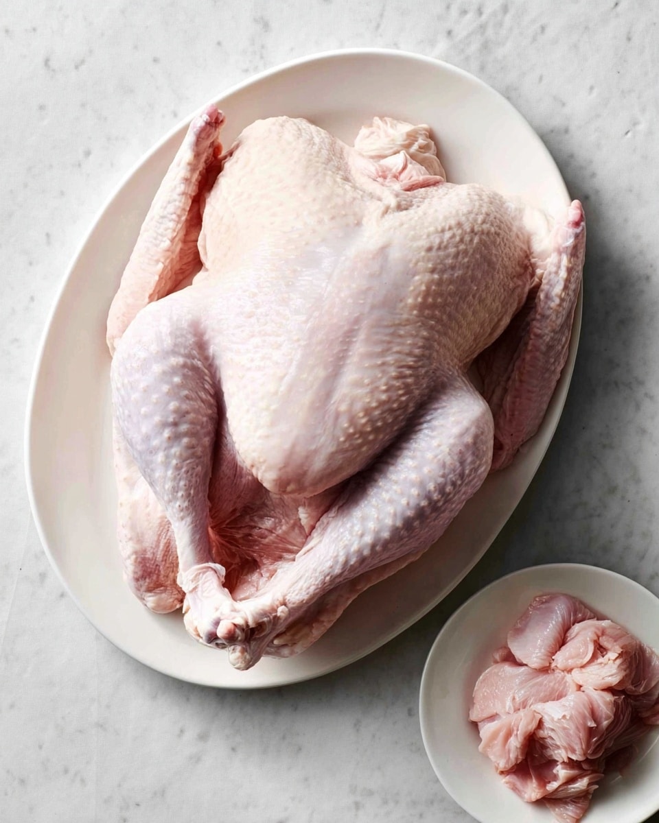A raw whole turkey with pale pink skin lies on a large white oval plate, with the legs and wings tucked close to the body. The turkey's texture shows a slightly bumpy surface with some faint patterns on the skin. In the bottom right corner, a smaller white round plate holds the removed inner parts, which look soft and pale pink. Both plates rest on a white marbled surface. photo taken with an iphone --ar 4:5 --v 7