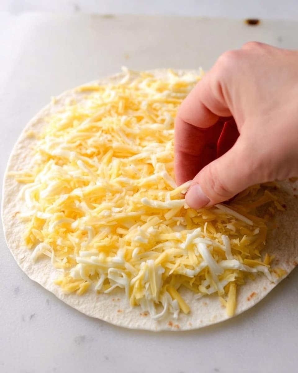 A flat round tortilla on a white marbled surface is topped with shredded yellow and white cheese evenly spread in a single layer, covering almost the whole tortilla except the edges. A woman's hand is picking up some of the cheese from the tortilla, showing the texture of the soft, shredded cheese. The background is minimal and softly lit, enhancing the colors and textures of the cheese and tortilla photo taken with an iphone --ar 4:5 --v 7