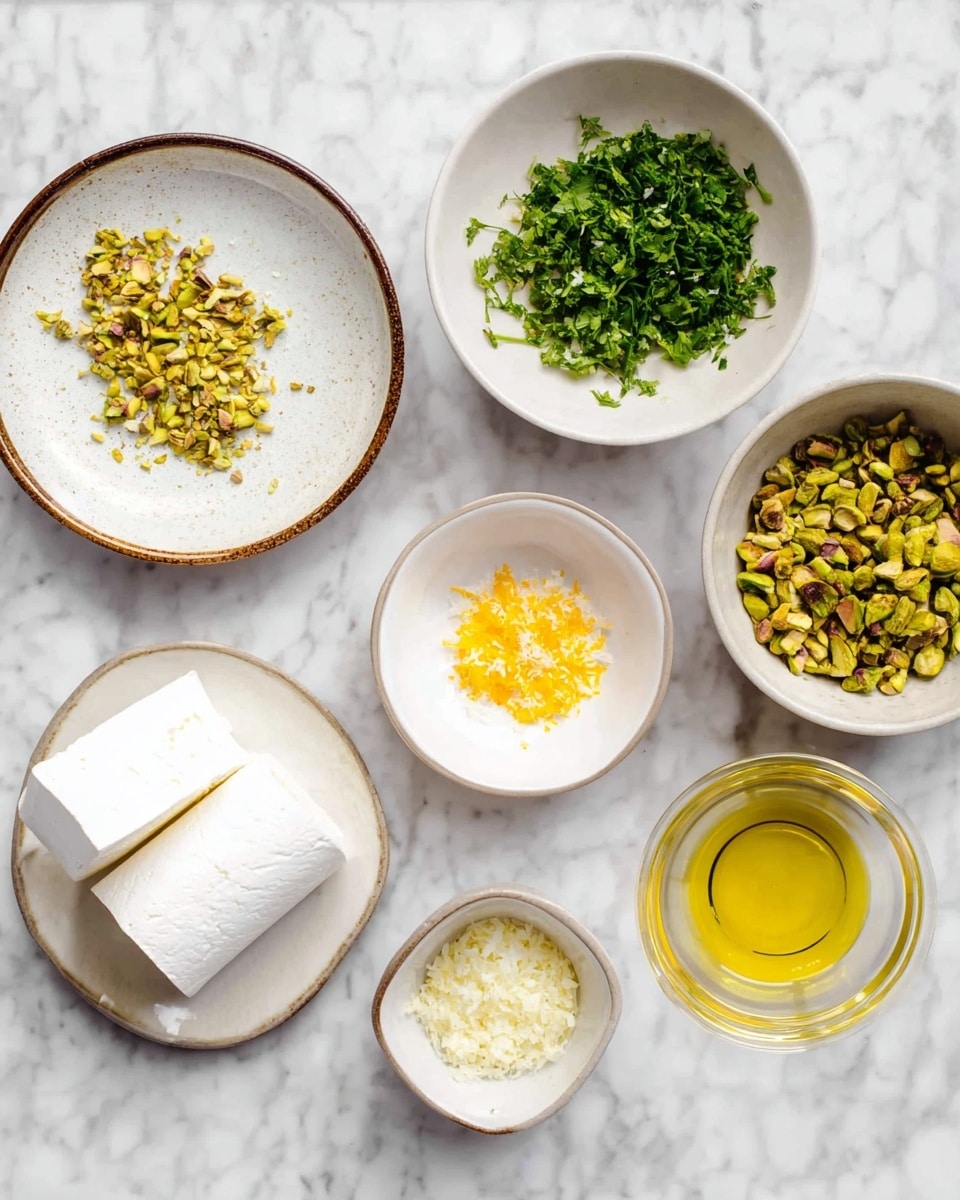 The image shows six small bowls and a plate arranged on a white marbled surface. On the larger white plate at the bottom left are two pieces of white goat cheese, one whole and one sliced. Above it is a brown-rimmed bowl with chopped fresh green herbs. To the right of that is a small white bowl with finely grated garlic. Next to it is another brown-rimmed bowl with bright orange zest. In the top right corner is a white bowl filled with chopped green pistachios, and below it is a clear glass cup with golden olive oil. The scene looks fresh and neat. Photo taken with an iphone --ar 4:5 --v 7