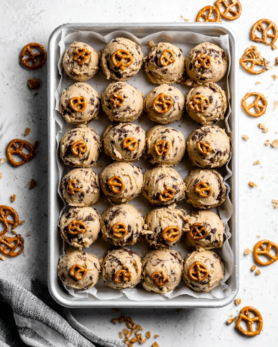 The image shows a white metal tray filled with 18 round cookie dough balls arranged in neat rows, each scoop topped with small pretzel pieces. The cookie dough is light brown with visible dark chocolate chunks and pretzel bits mixed inside, giving a textured look. Around the tray, you can see small scattered pretzel pieces and a white marbled surface beneath. The overall look is warm and inviting with a sense of fresh preparation. photo taken with an iphone --ar 4:5 --v 7