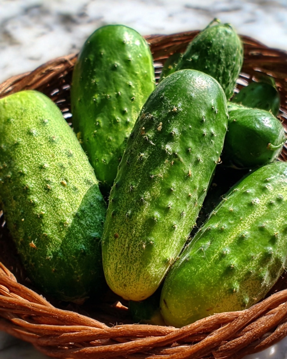 The image shows a close-up of five fresh cucumbers with bumpy green skin and small white spots, placed in a basket. The cucumbers are different shades of green, with some lighter and some darker, displaying a rough texture. The background is a white marbled surface. Photo taken with an iphone --ar 4:5 --v 7