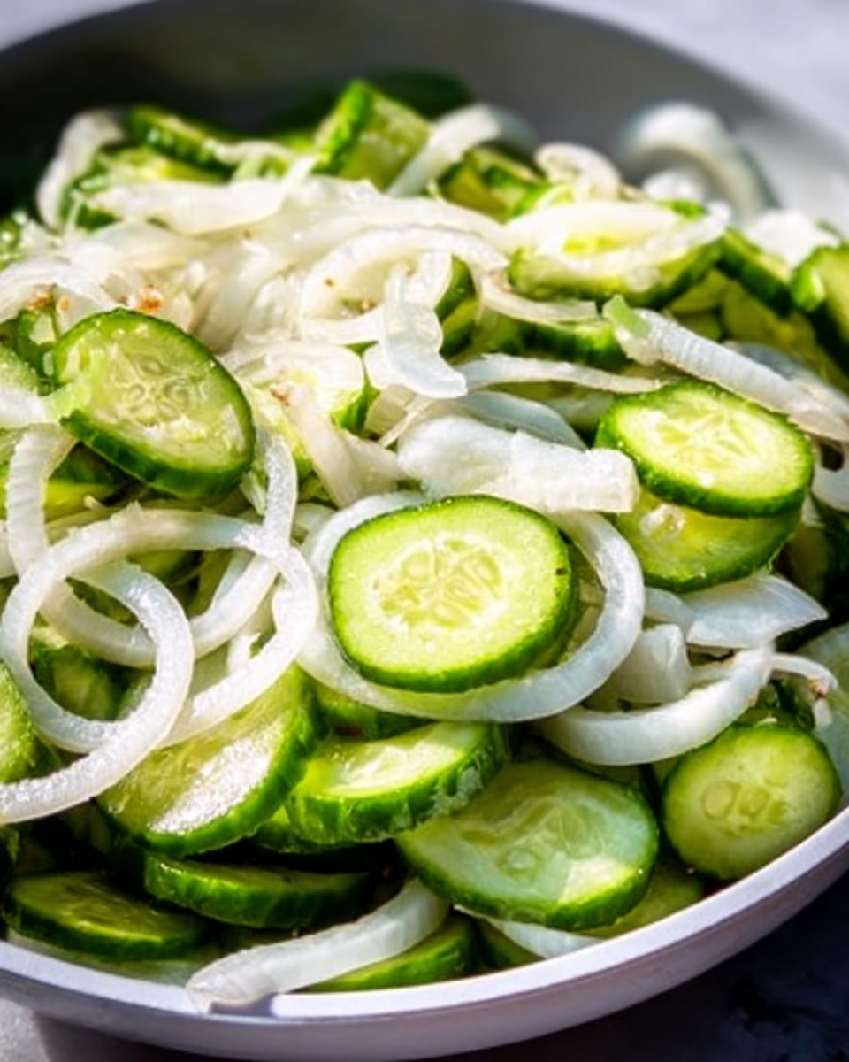 A close-up view of thinly sliced cucumbers and white onions mixed together in a white bowl. The cucumbers have a fresh green color with light green centers, while the onions are soft white and slightly translucent. The layers of cucumber slices and onion rings sit closely packed, showing a mix of round shapes and smooth textures. The bowl is placed on a white marbled surface, capturing the fresh and simple look of a light vegetable salad. Photo taken with an iphone --ar 4:5 --v 7