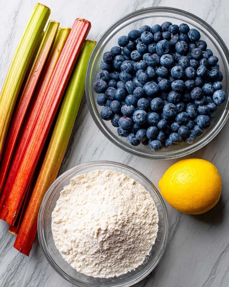 The image shows three groups of ingredients arranged on a white marbled surface: a stack of five long, thin rhubarb stalks with a mix of green and red colors at the top of the photo; a round clear glass bowl filled with smooth, bright blue blueberries on the right side; another round clear glass bowl filled with white flour or sugar on the left side; and a single bright yellow lemon placed between the two bowls. The textures are natural and fresh, with the vibrant colors creating a balanced and clean look photo taken with an iphone --ar 4:5 --v 7
