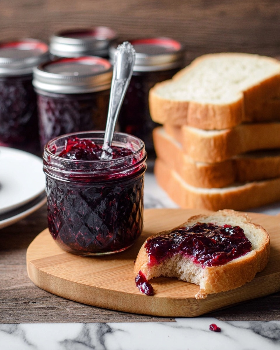 The image shows a glass jar filled with deep red-purple jam with a silver spoon inside it, placed on a wooden board. To the right of the jar, there is a slice of bread spread with the jam, showing a bite taken out of it; the bread is light brown with a soft texture and a crusty edge. Behind these, slices of white bread are stacked upright, slightly leaning to the right. In the background, several more jars with silver lids are visible, filled with the same dark jam. The setting is on a rustic wooden table with a white marbled surface underneath, and to the left, a small part of a white plate is seen. The lighting highlights the shiny and thick texture of the jam. Photo taken with an iphone --ar 4:5 --v 7