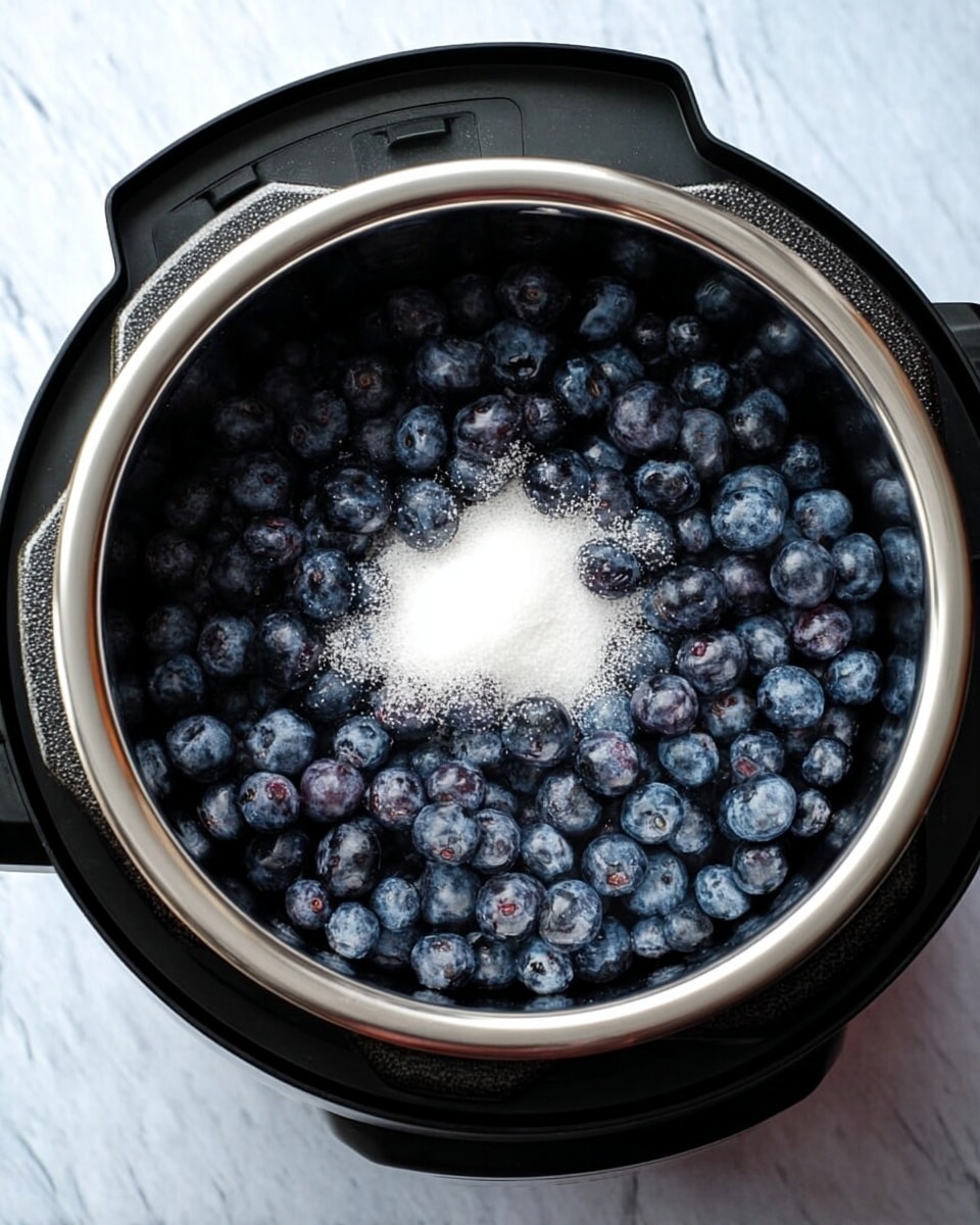 The image shows a top view of an instant pot filled with two layers. The bottom layer is a pile of dark blue to purple blueberries covering the entire base. On top, in the center, there is a small mound of white granulated sugar. The instant pot is black with silver inside edges, and it sits on a white marbled surface. photo taken with an iphone --ar 4:5 --v 7