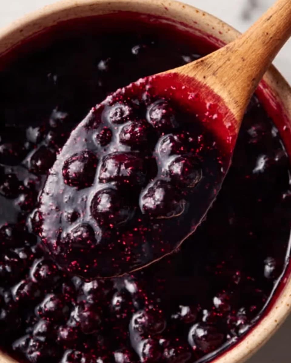 The image shows a close-up of a dark purple sauce filled with small berries that look shiny and soft. A wooden spoon with some of the sauce on it is dipping into the thick, glossy liquid. The texture looks smooth with tiny bits of fruit spread evenly throughout. The background is a white marbled surface. photo taken with an iphone --ar 4:5 --v 7