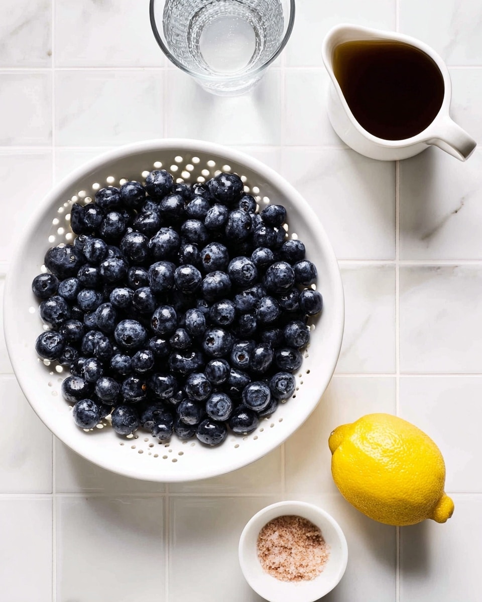 The image shows a large white colander filled with dark blue, round blueberries placed on a white marbled surface. Below the colander, there is a whole yellow lemon to the lower right and a small white bowl containing a light brown powder and a pinkish salt to the lower left. Above the bowl, there is a clear glass filled with water. Above the glass, a small white pitcher holds a dark brown liquid. The whole setup is clean and bright, with a fresh and simple feel. Photo taken with an iphone --ar 4:5 --v 7