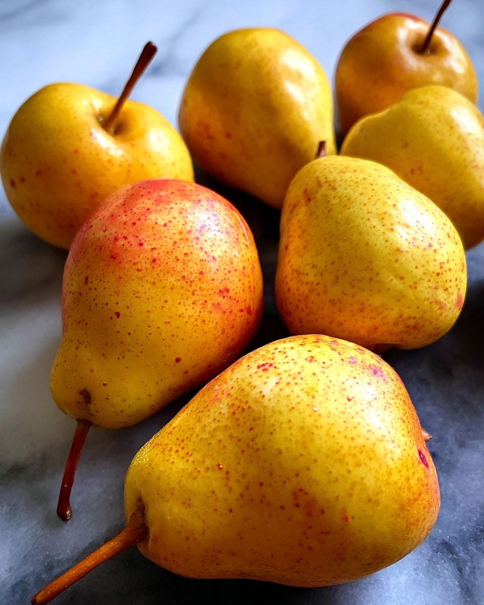 Several whole pears are placed randomly on a white marbled surface. The pears are mainly yellow with light red spots and small brown speckles. Each pear has a brown stem, and their shapes vary from round to slightly oval. The light reflects off the smooth and slightly shiny skin of the pears, showing their fresh texture. photo taken with an iphone --ar 4:5 --v 7