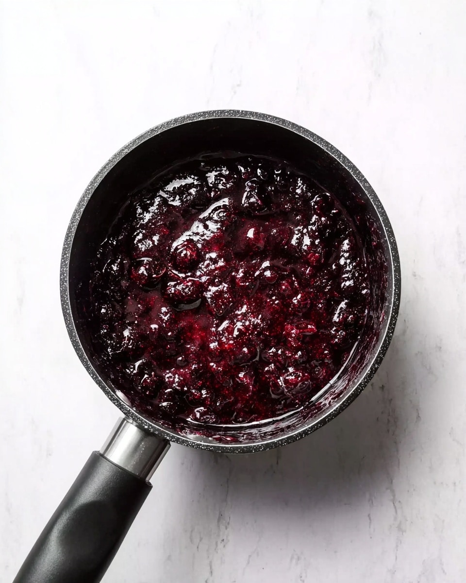 A black pot filled with a dark purple, thick mixture that looks like cooked berries, showing some chunks and smooth parts mixed together. The pot handle extends to the right side, and it sits on a white marbled surface. The top of the mixture has a shiny, wet texture with a slightly uneven surface. photo taken with an iphone --ar 4:5 --v 7