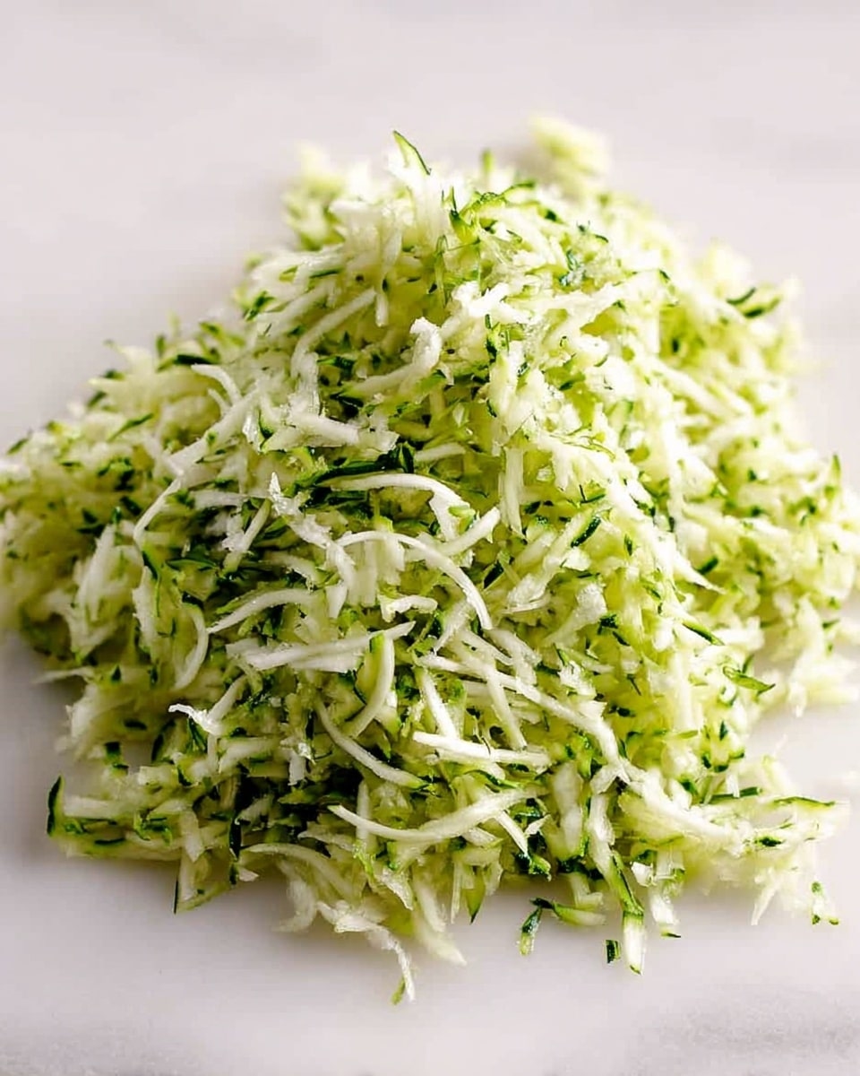 A close-up image shows a pile of finely shredded green and white zucchini strands arranged loosely on a white marbled surface. The texture looks soft and fresh, with the green skin thinly mixed into the mostly white flesh of the zucchini, creating a light and delicate appearance. The shredded pieces are thin and curly, layered naturally with some strands overlapping others to form a small mound. photo taken with an iphone --ar 4:5 --v 7