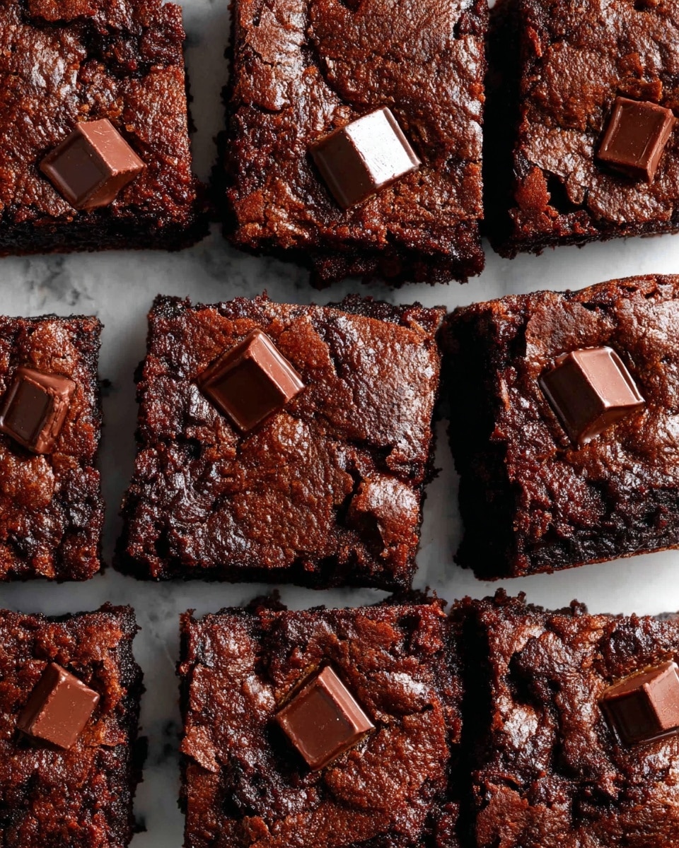 A close-up top view of nine rich, dark brown brownies arranged in three rows and three columns on a white marbled surface. Each brownie has a moist, slightly cracked texture on top and is studded with a few square pieces of chocolate that are glossy and dark brown. The brownies have thick, dense layers with an uneven, soft finish, showing slight variations in shape. The white marbled background adds a clean contrast to the dark chocolate color in the image, photo taken with an iphone --ar 4:5 --v 7