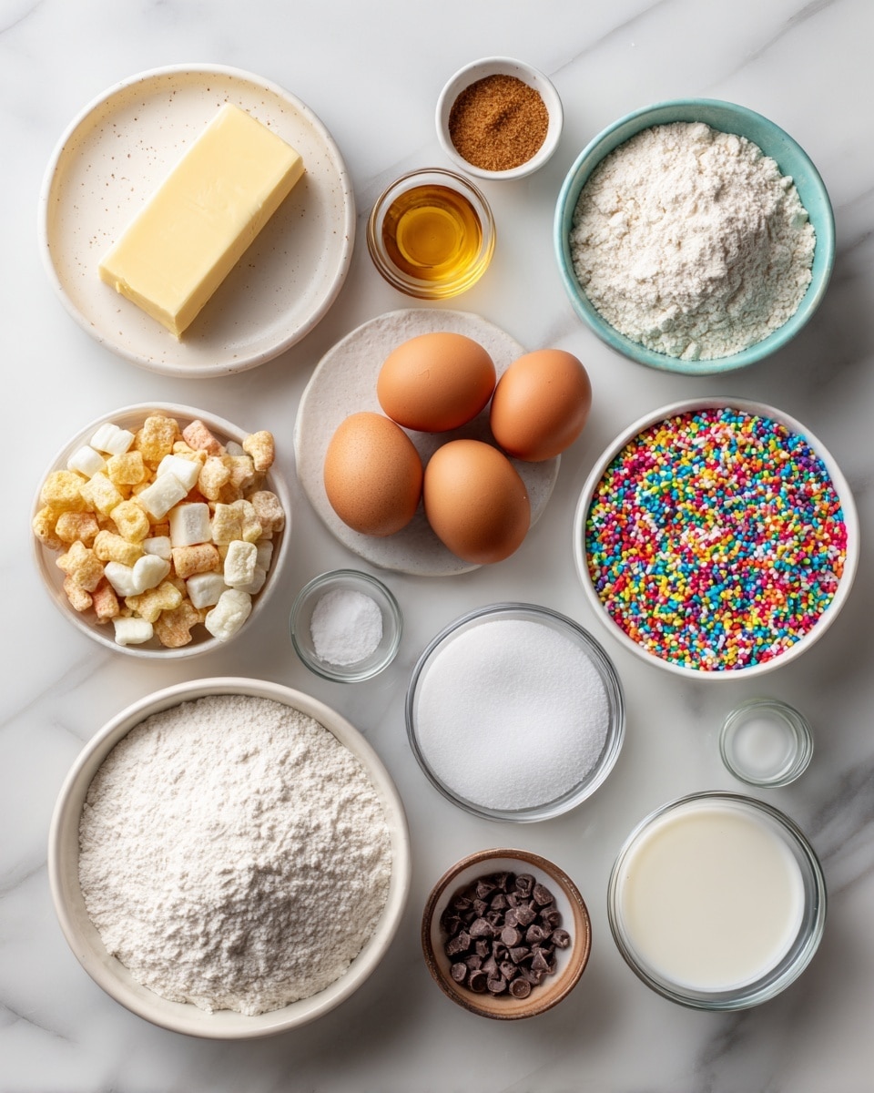 Top-down professional food photography flat lay style, bright white marble countertop, neatly arranged, evenly spaced, tidy, clean organized layout, include: small plate with softened unsalted butter, small bowl of packed brown sugar, small glass bottle of vanilla flavoring, small plate with large egg, small bowl of instant vanilla pudding powder, small bowl of baking soda, small bowl of salt, bowl of all purpose flour, bowl of white chocolate chips, bowl of colorful fruity puffed rice cereal, bright soft natural lighting, sharp focus, high detail textures, realistic reflections, professional DSLR look, 4K, no finished dish, no cooked food, no hands, no text, no watermark, no brand logos --ar 4:5 --v 7