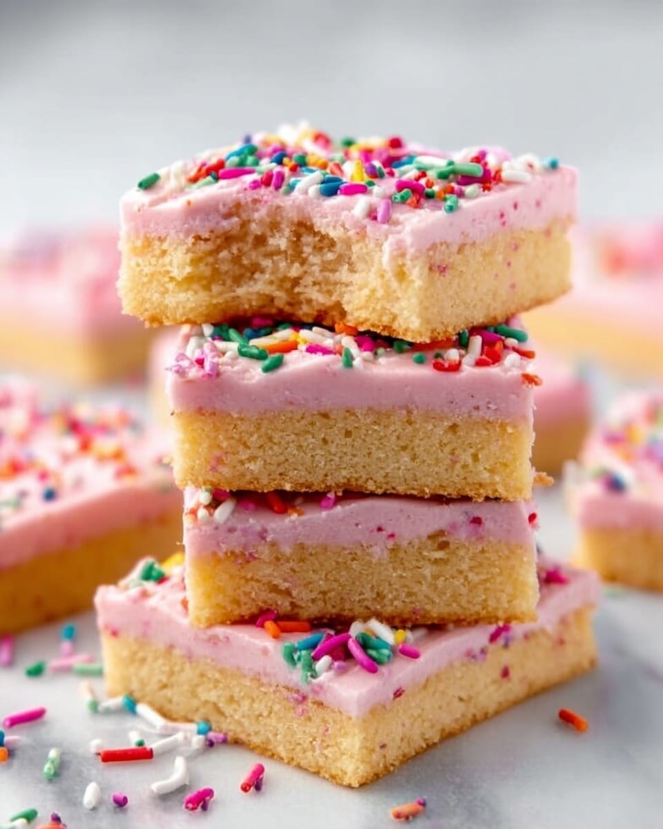 The image shows a stack of four square dessert bars on a white marbled surface, each with two layers. The bottom layer is a light golden, soft textured base, while the top layer is a thick, smooth light pink frosting. The frosting is decorated with colorful sprinkles in various shapes and colors, scattered generously on top and around the bars on the surface. The top bar has a bite taken out of one corner, revealing the soft inside of the base layer. The background is out of focus with more of the same dessert bars scattered around. photo taken with an iphone --ar 4:5 --v 7