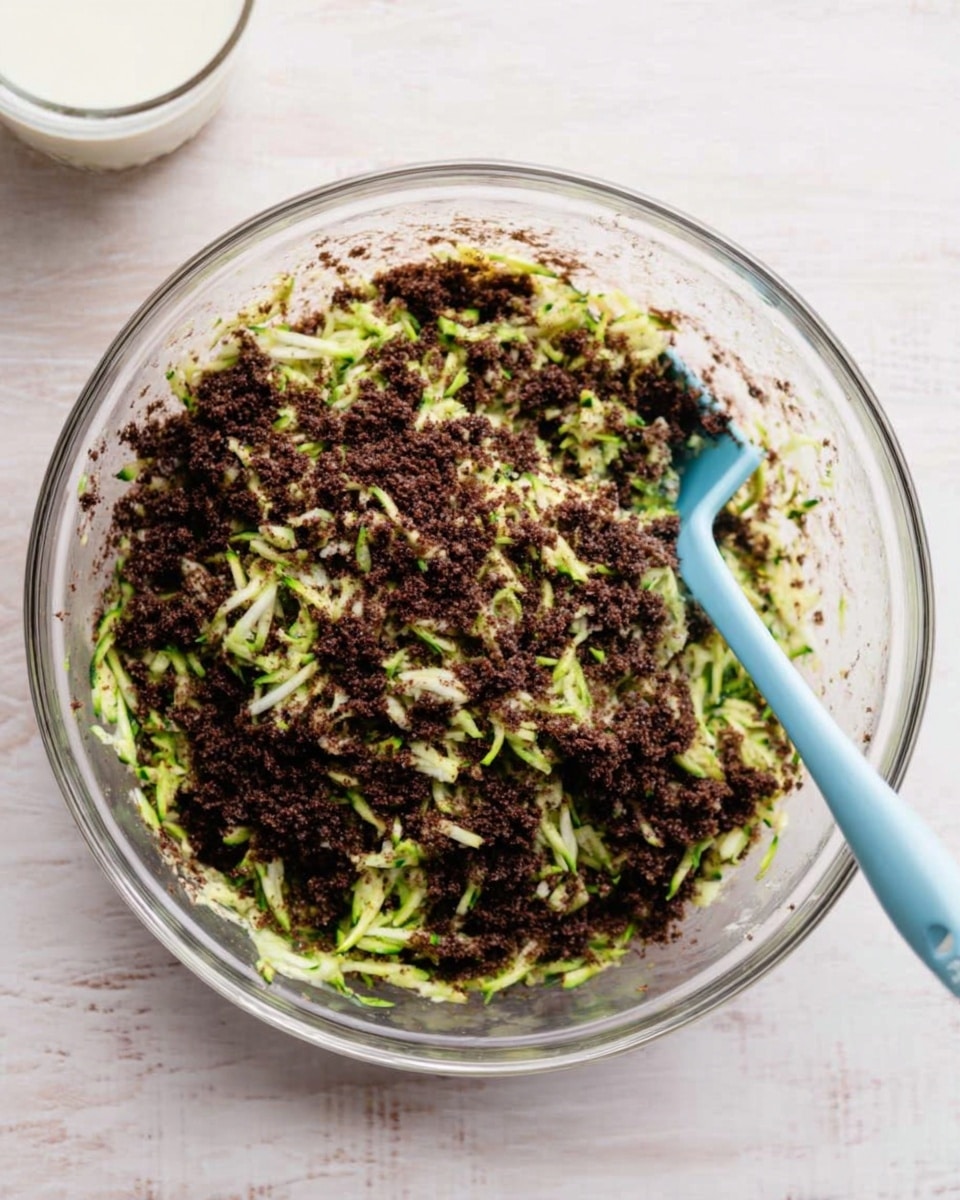 A clear glass bowl filled with layers of dark brown crumbly mixture and light green shredded zucchini, mixed together evenly. A blue spatula rests inside the bowl, with a white marbled surface underneath. In the top left corner, there is a glass of milk placed on the same white marbled texture photo taken with an iphone --ar 4:5 --v 7