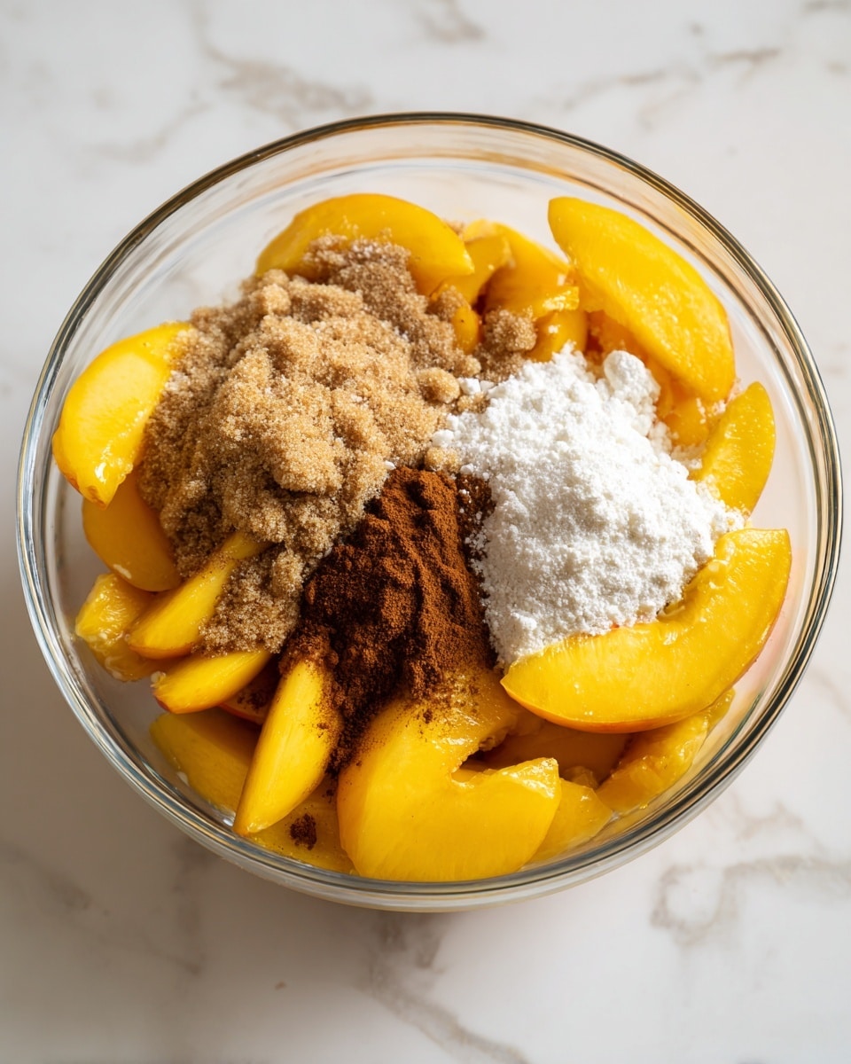A clear glass bowl sits on a white marbled surface, filled with bright yellow-orange peach slices as the main layer. On top of the peaches, there are several piles of ingredients: a mound of light brown sugar with a crumbly texture, a smaller pile of white granulated sugar, a sprinkle of dark brown cinnamon powder scattered on the fruit, and a small pile of white flour or starch powder resting on the peach slices. The colors are warm and natural, showing the mix of fresh fruit and dry ingredients before mixing. photo taken with an iphone --ar 4:5 --v 7