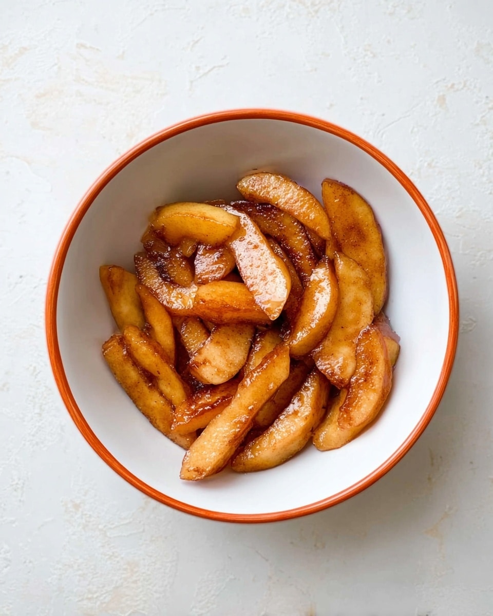 A white bowl with an orange rim holds several caramelized apple slices, cooked to a golden brown color with a slightly soft texture. The apple pieces are irregular in shape and layered loosely inside the bowl, showing a sticky, shiny coating that suggests they have been cooked with sugar or syrup. The bowl is placed on a white marbled surface that contrasts with the warm colors of the apples. photo taken with an iphone --ar 4:5 --v 7