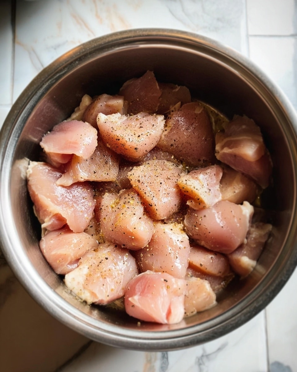 The image shows a metal pot filled with several chunks of raw chicken, spread evenly inside the pot. The chicken pieces are light pink with some white fat and are sprinkled lightly with black pepper. The texture of the chicken looks soft and moist. The pot is sitting on a white marbled surface with part of a tiled floor and countertop visible in the background. Photo taken with an iphone --ar 4:5 --v 7
