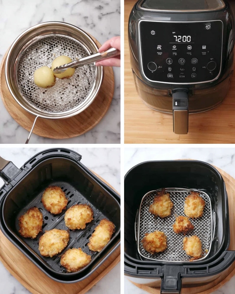 The image shows four panels with an air fryer and cooked chicken pieces. The top left panel shows a woman's hand holding metal tongs lifting two pale yellow cooked chicken pieces inside the air fryer basket with a silver perforated base. The top right panel displays the air fryer control panel with a black outer frame and a screen reading