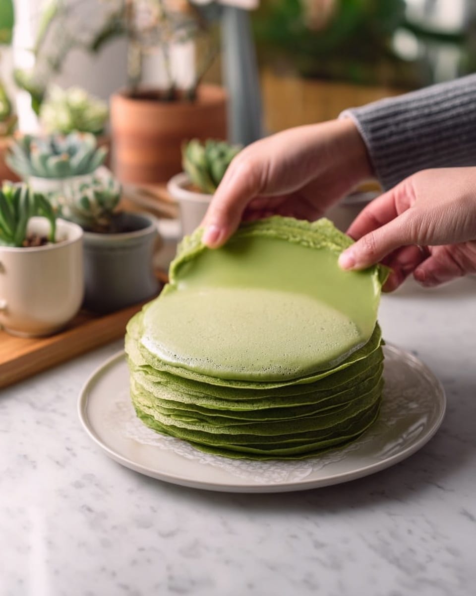 The images show a stack of green pancakes arranged in seven layers on a white plate placed on a white marbled surface. Each pancake is smooth with a slightly uneven edge, showing a soft texture in a light green color. The top pancake has a spread of green cream or sauce with a somewhat thick and creamy texture, covering most of its surface. In the second image, a woman's hands are carefully lifting the top pancake, showing the thinness and flexibility of the stack. The background includes blurred plants and mugs, adding a cozy and natural atmosphere. Photo taken with an iphone --ar 4:5 --v 7