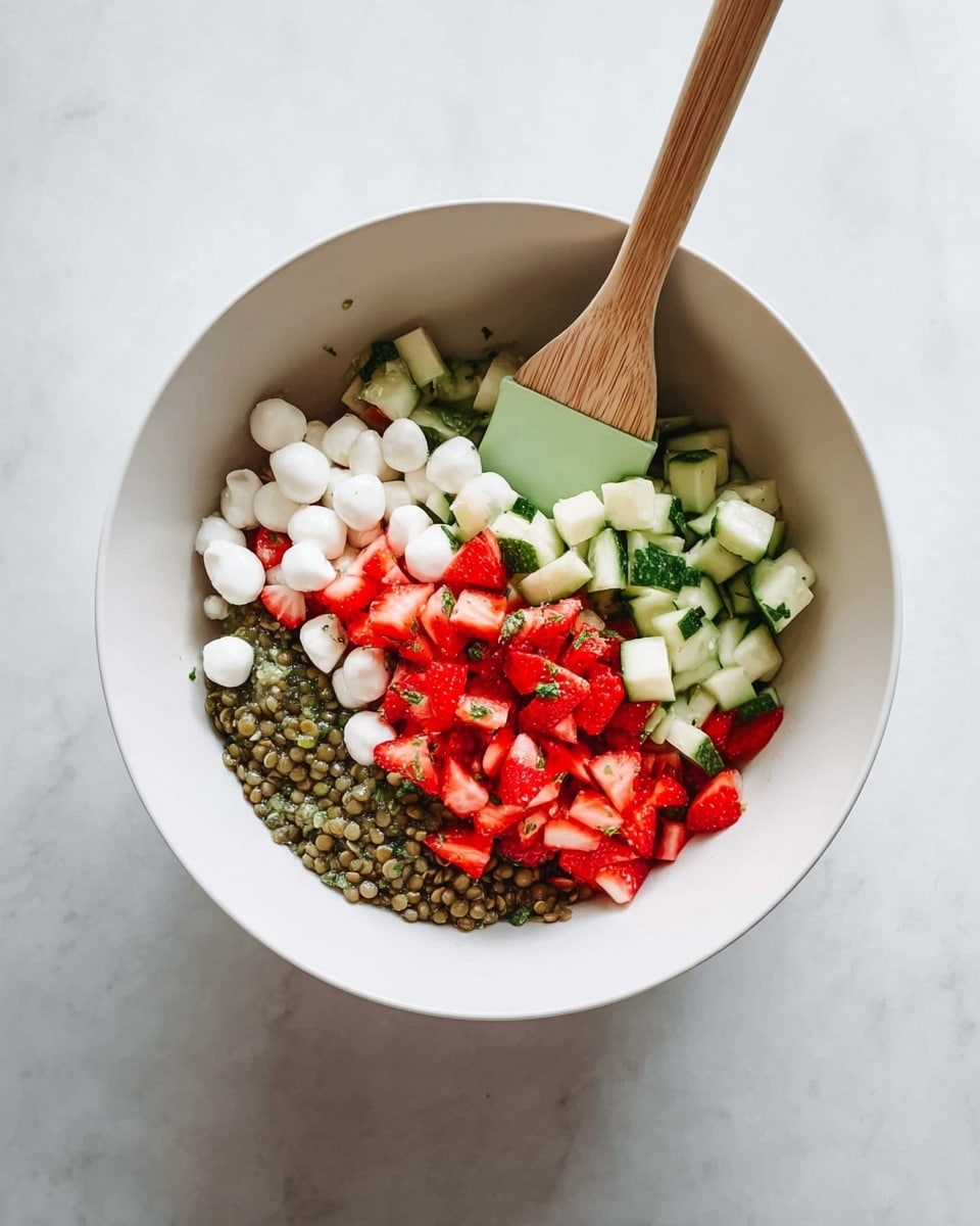 In a white bowl, there is a mix of four clear layers. The bottom layer is green lentils with a slightly rough and cooked texture. On top of that, bright red diced strawberries are placed, adding a fresh and juicy look. Beside the strawberries, small white mozzarella balls form a smooth, round layer. Next to the mozzarella, diced cucumbers with light and dark green skin and pale green inside add a fresh and crunchy texture. A wooden spatula with a light green flexible head rests inside the bowl. The bowl is placed on a white marbled surface. photo taken with an iphone --ar 4:5 --v 7