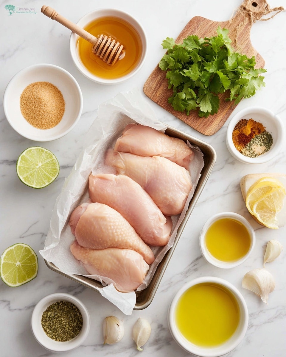 The image shows a top-down view of several raw chicken pieces placed in a small metal tray lined with parchment paper, positioned in the center on a white marbled surface. Surrounding the tray are small white bowls containing light brown sugar, golden honey with a wooden honey dipper, a mix of spices, fresh cilantro on a small wooden board, bright yellow olive oil in a white dish, light green lime halves, lemon juice in a white bowl, a bulb of garlic to the side, and a wooden salt box with a small spoon resting on it. All items are neatly arranged around the tray, making a balanced and colorful display. Photo taken with an iphone --ar 4:5 --v 7