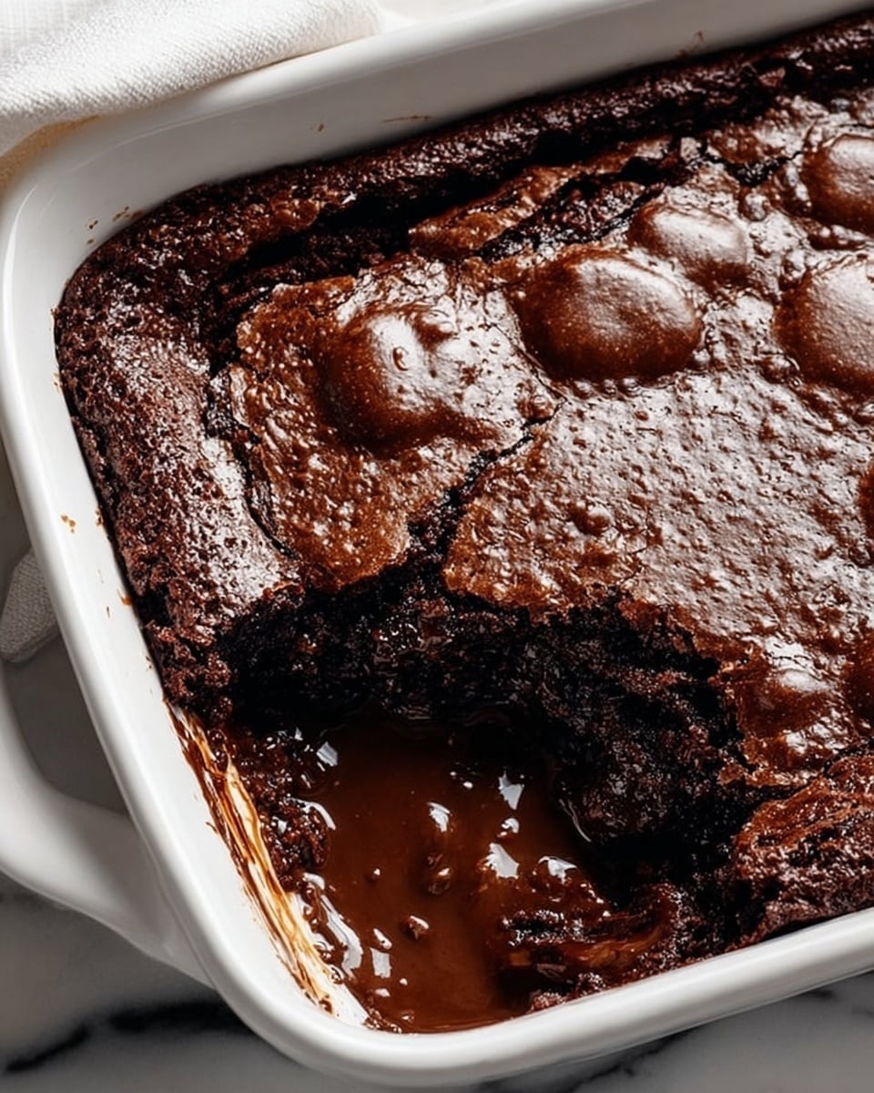This image shows a white baking dish filled with a thick, dark brown chocolate dessert with a shiny surface. The top layer is a slightly cracked, baked chocolate crust with lighter brown spots. One corner of the dessert is scooped out, revealing a rich, smooth, and shiny chocolate layer beneath the crust. The dish rests on a white marbled surface, with a white cloth visible in the upper left corner. Photo taken with an iphone --ar 4:5 --v 7